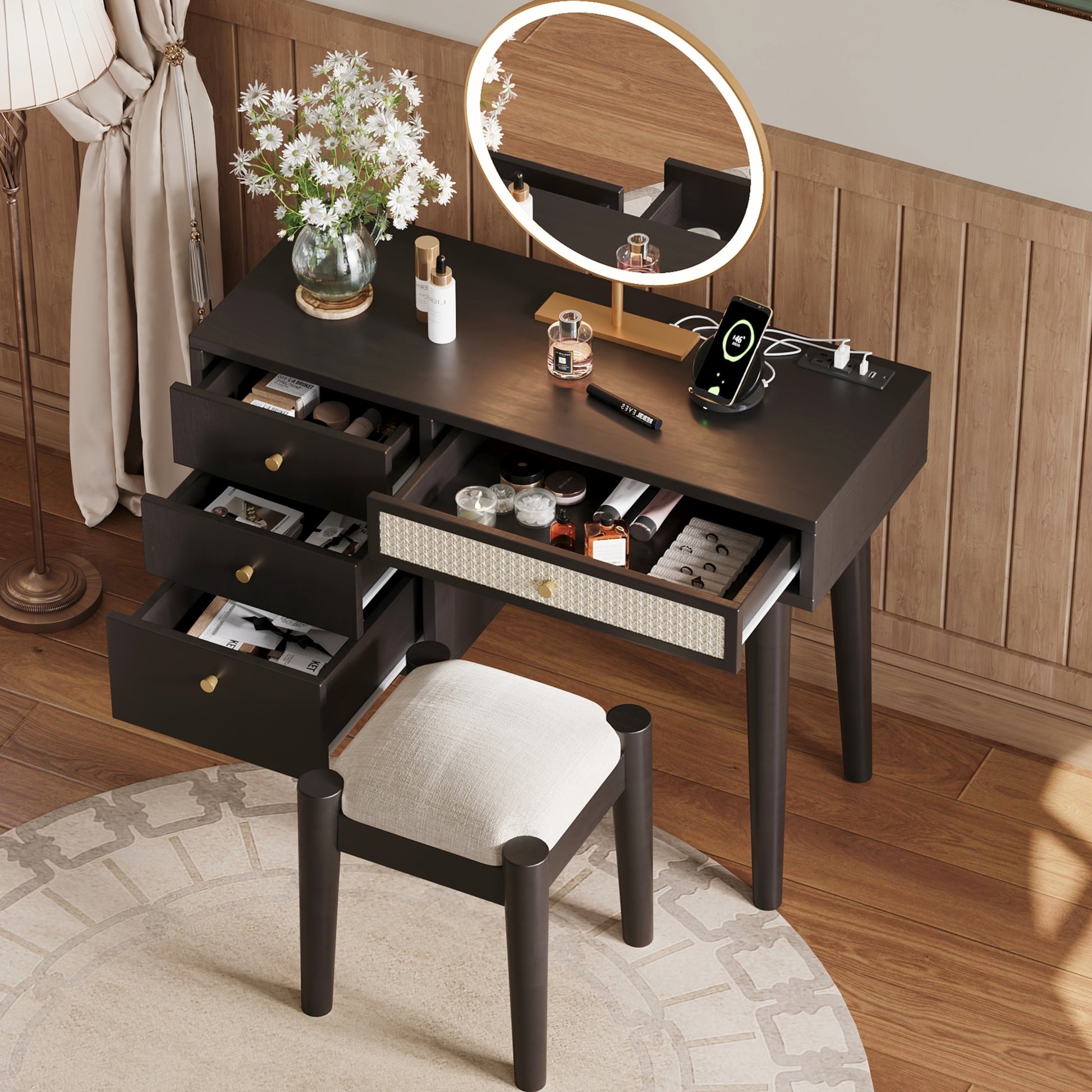 39" Retro Bohemian Style Wooden Makeup Vanity Set With Charging Plug&Usb Port And Stool, Dressing Table With 3 Storage Drawers And 1 Rectangular Rattan Drawer, Black Black 4 Drawers Wood