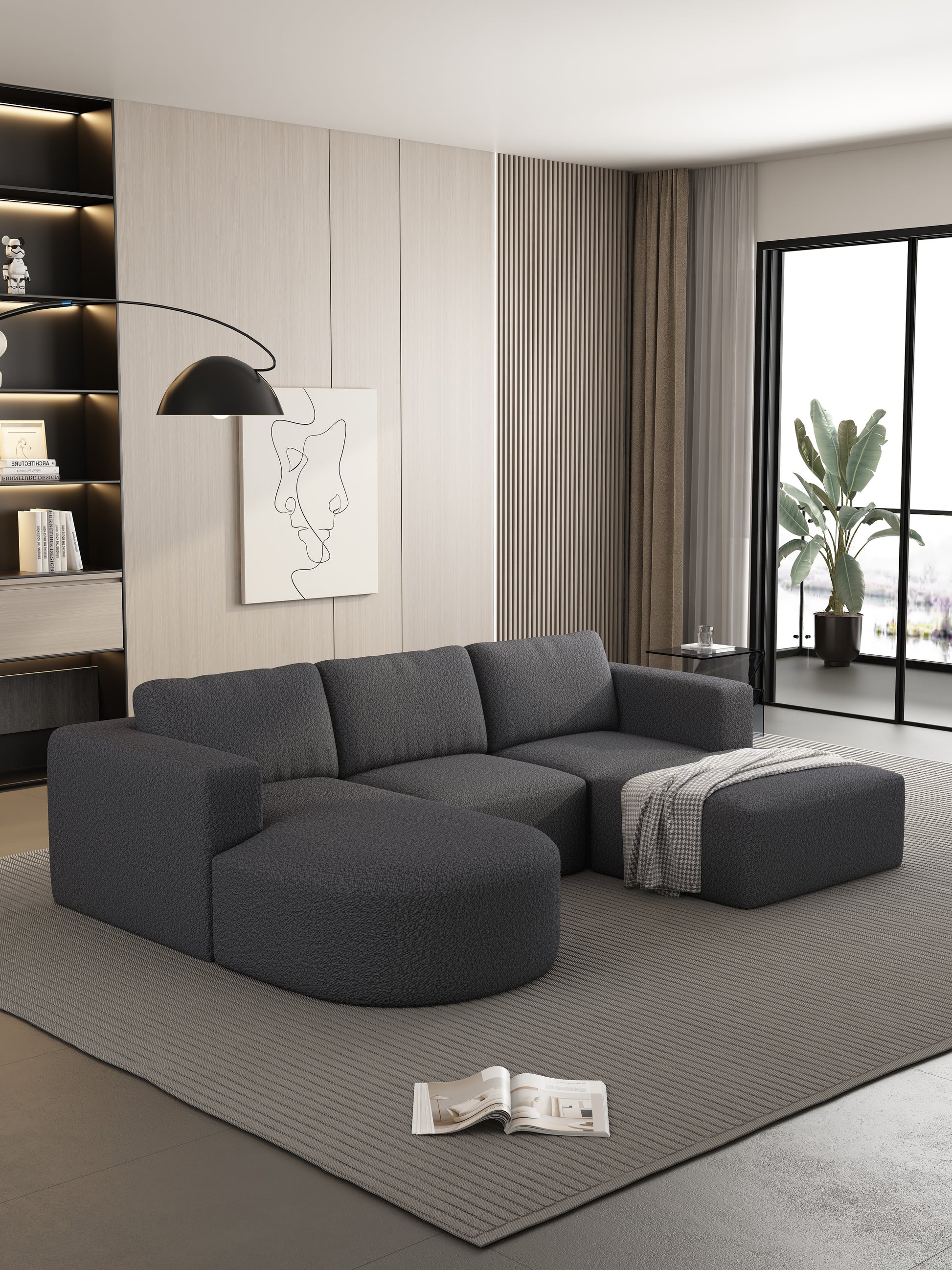 104.32*70.86 Modular Sectional Sofa Sleeper Couch, Sectional Sofa With Chaise And Ottoman, Convertible U Shaped Modular Sofa Set. Compressed Sponge, Dark Grey Combo A B C D Dark Grey Primary Living Space Soft Minimalist,Modern Foam Spring 5 Seat