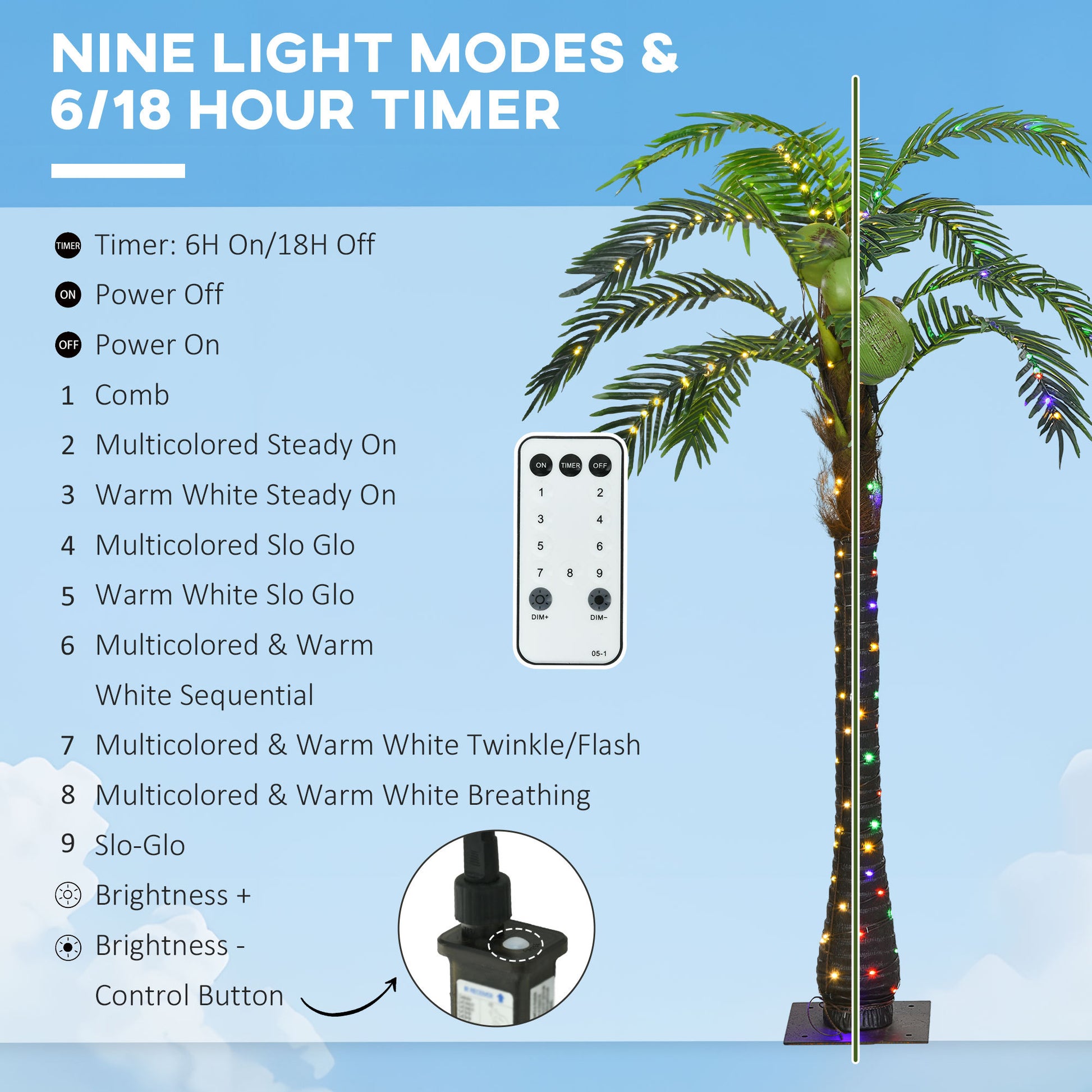 Outsunny 5' Artificial Lighted Palm Tree With 3 Coconuts, 200 Led Light, Color Changing Light Up Tropical Palm Tree With Remote For Indoor, Outdoor, Pool, Party D Cor Green Plastic