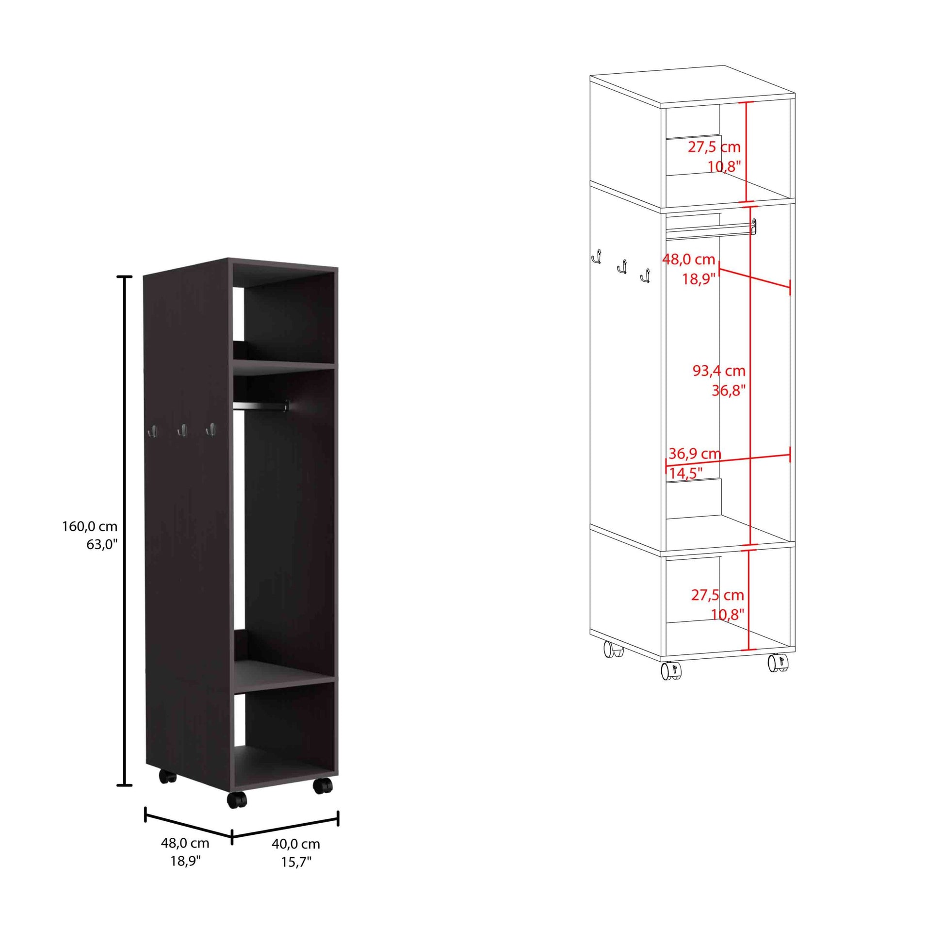 Cluster 63" Tall Wardrove With Mirror, Three Shelves, Casters And Hanging Rod, Armoire, Bedroom Clothes Storage, Cabinet Organizer Black Particle Board