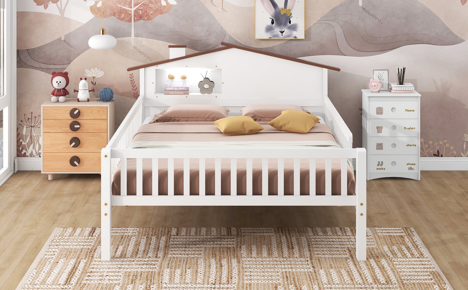 Full Size Wood Platform Bed With House Shaped Headboard, Led And Built In Storage, White Box Spring Not Required Full White Wood Bedroom Bed Frame Wood