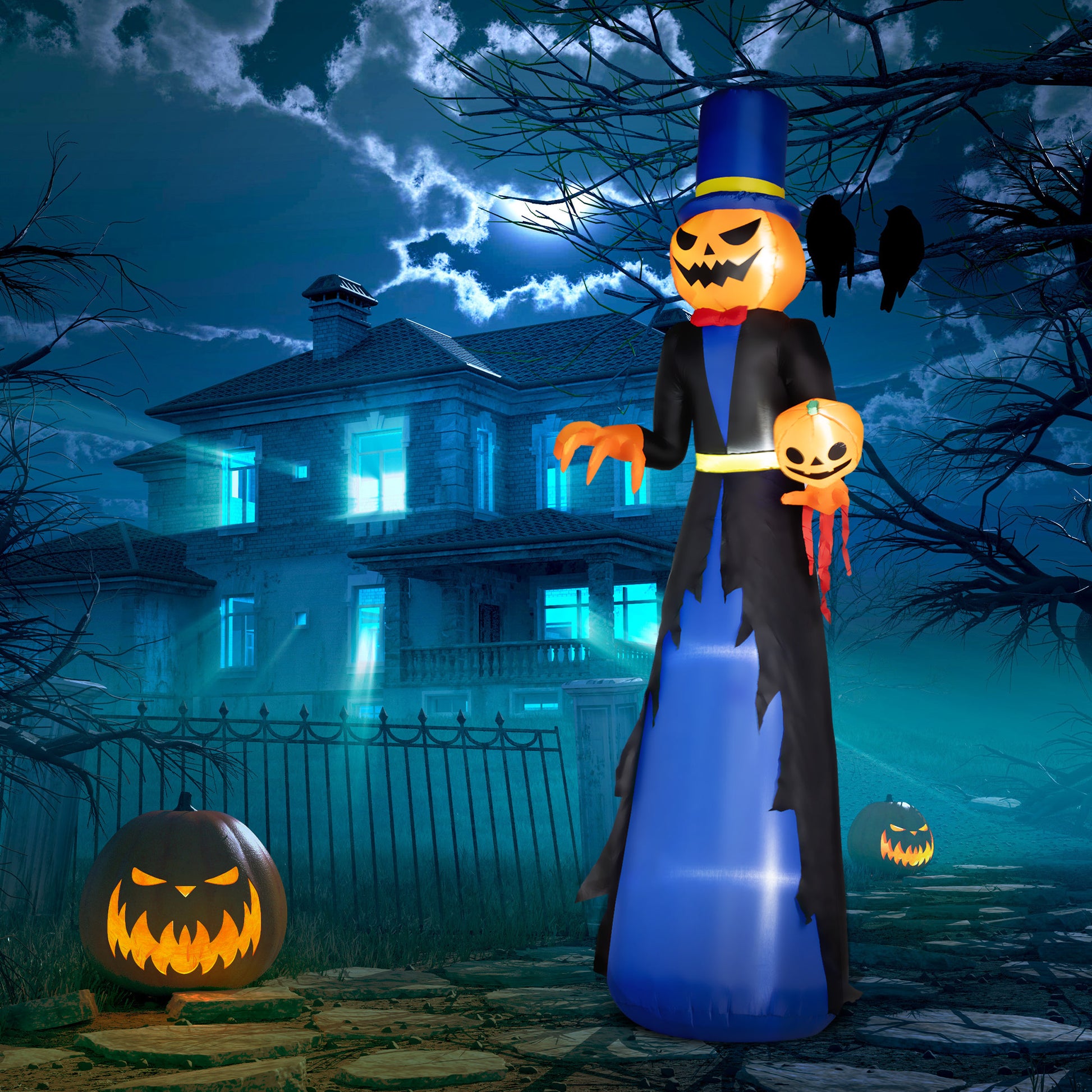 Outsunny 10Ft Inflatable Halloween Pumpkin Head Reaper, Blow Up Halloween Decoration Outdoor Led Yard Display, Waterproof Black Polyester