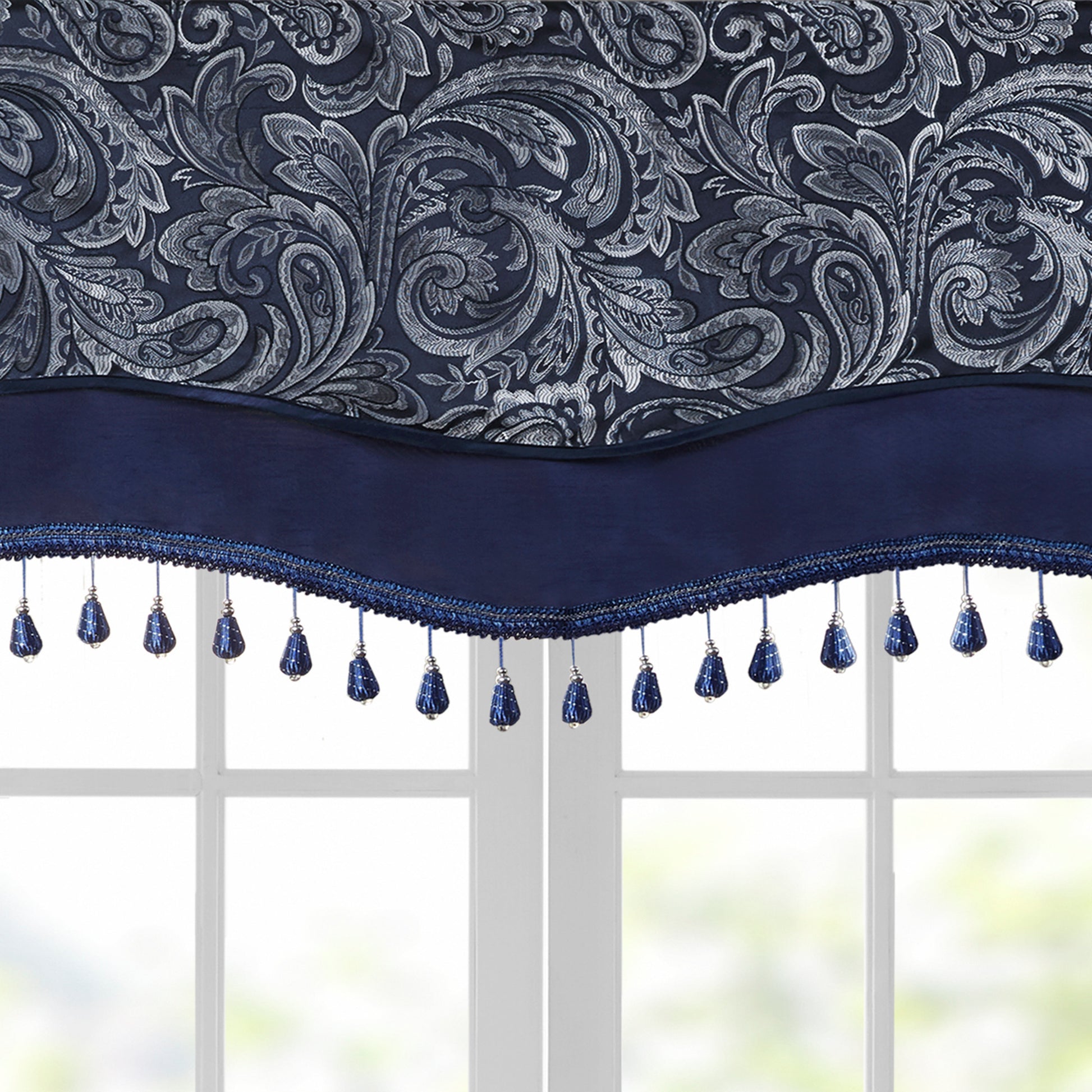 Jacquard Window Rod Pocket Valance With Beads Navy 50X18" Navy Polyester