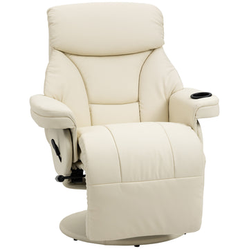 Homcom Manual Recliner, Swivel Lounge Armchair With Side Pocket, Footrest And Cup Holder For Living Room, Cream White Cream White Pu Leather