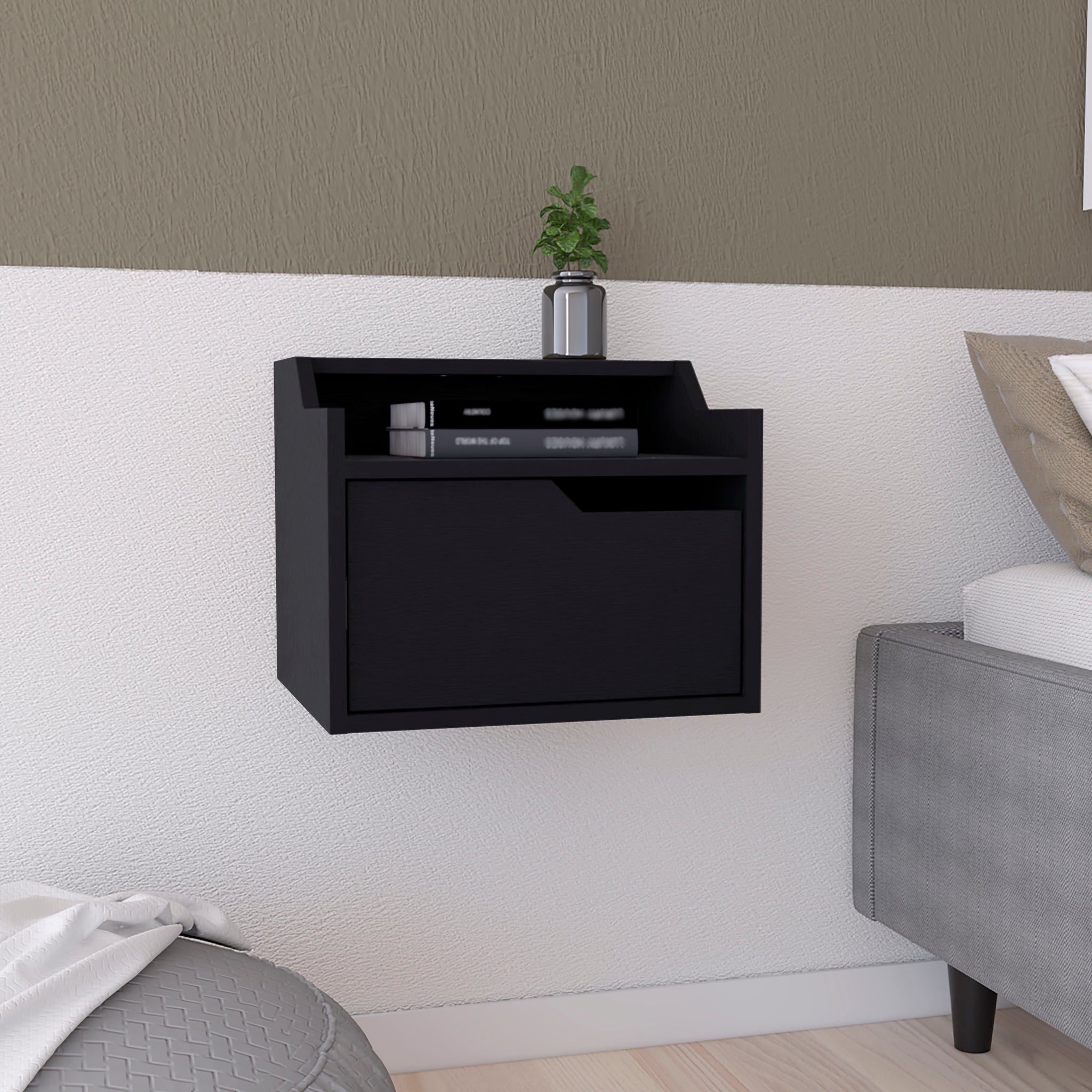 Winchester Floating Nightstand, Modern Dual Tier Design With Spacious Single Drawer Storage, Black Black Solid Wood Mdf Engineered Wood