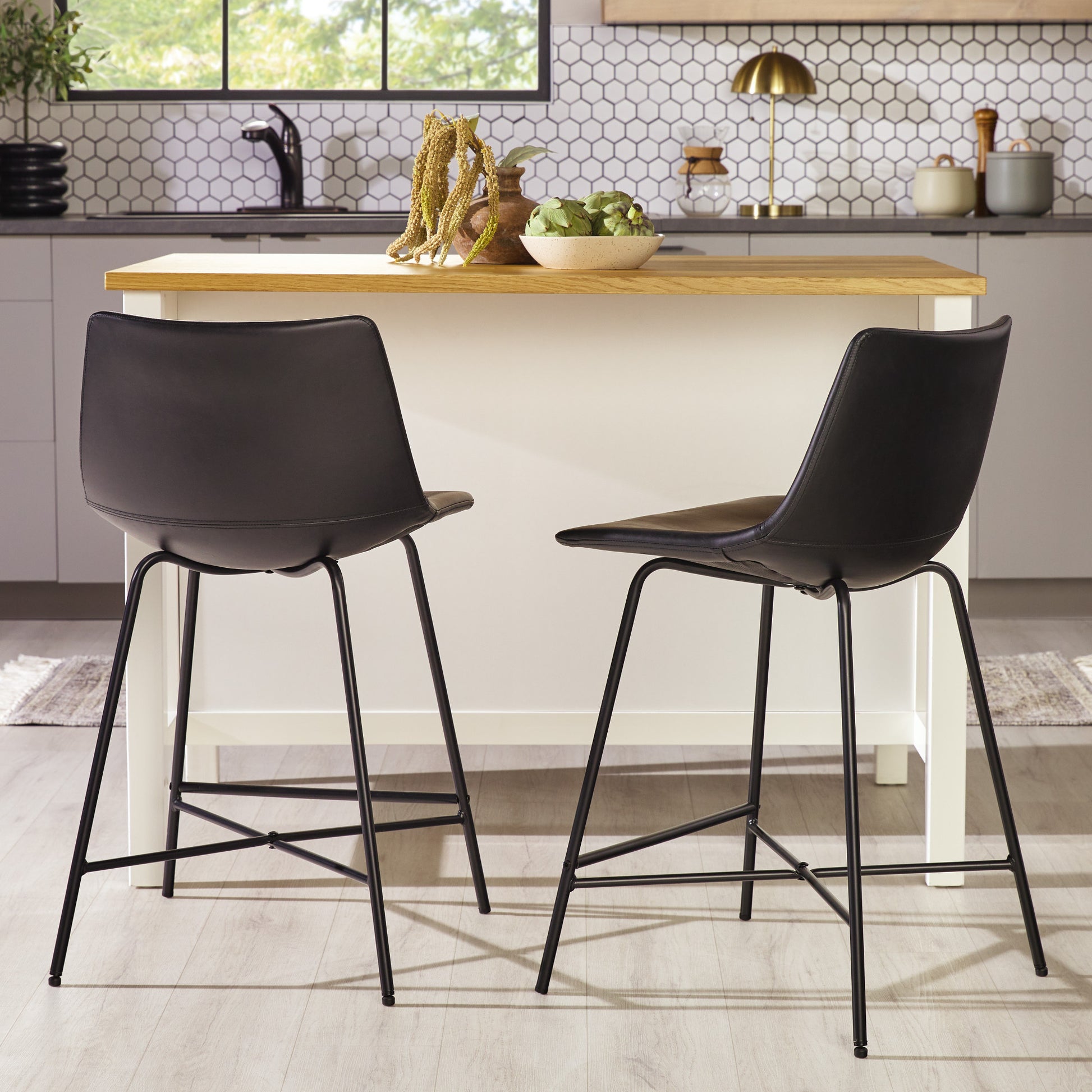 Modern Upholstered Counter Stool With Metal X Base, Set Of 2, Black Black Foam Pu Leather