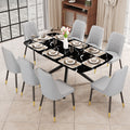 1 Table And 8 Chairs Set.A Rectangular Dining Table With A Imitation Marble Black Table Top And Black Metal Legs.Paired With 8 Chairs With Pu Leather Seat Cushion And Black Metal Legs.F 1537,C 007 Grey Glass Metal