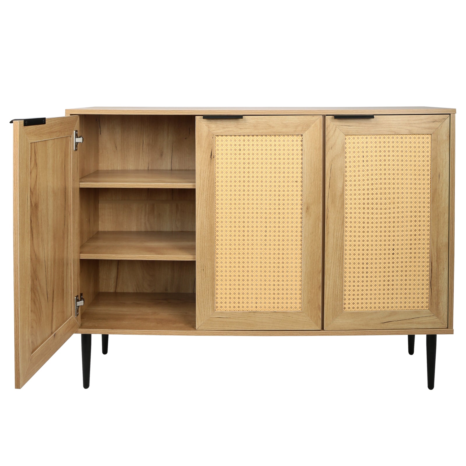 47.24 '' Wide Elegant Kitchen Buffet Storage Cabinet With 3 Rattan Doors For Bedroom Living Room Kitchen Cupboard Wooden Furniture With 3 Tier Shelving ,Natural Color Natural Particle Board