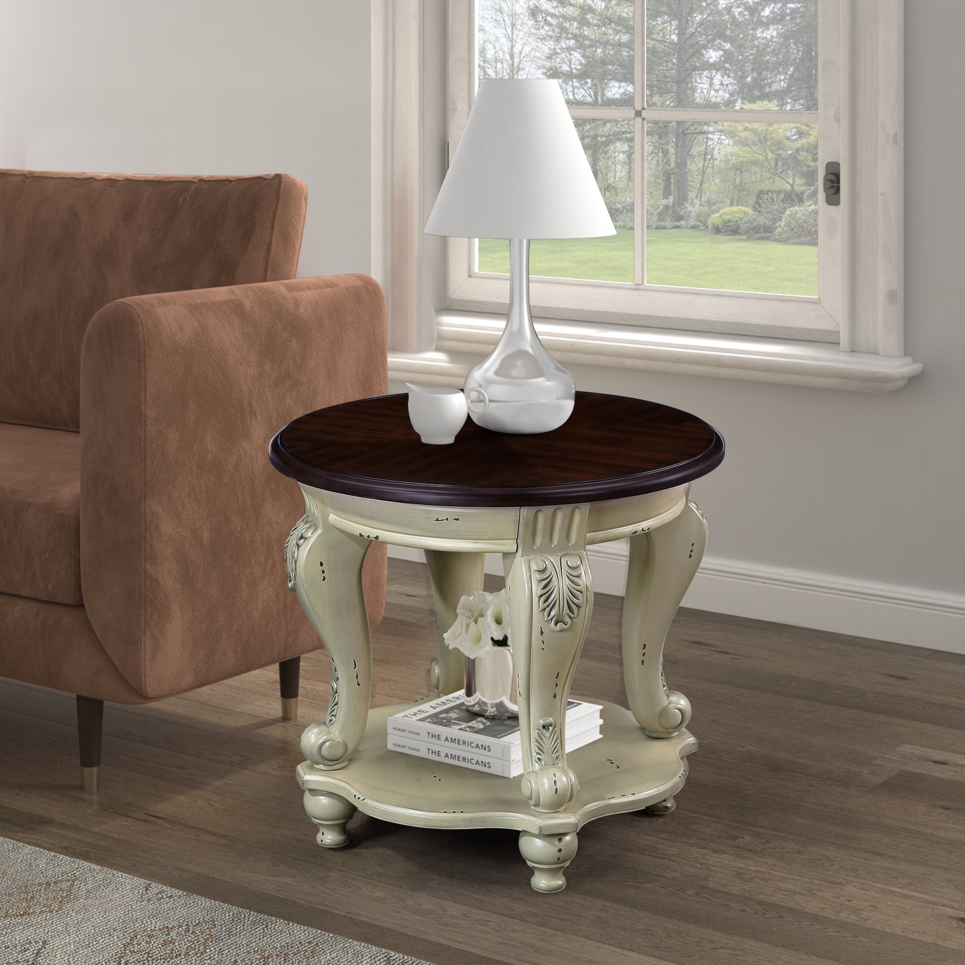 22'' Two Tone Round End Table,Solid Wood Sofa Side Table With Shelf,Living Room Corner Table Easy Assemble,Chipped White And Cherry Top Color Written On Box Is Antique White And Light Espresso Top Antique White Rubber Wood