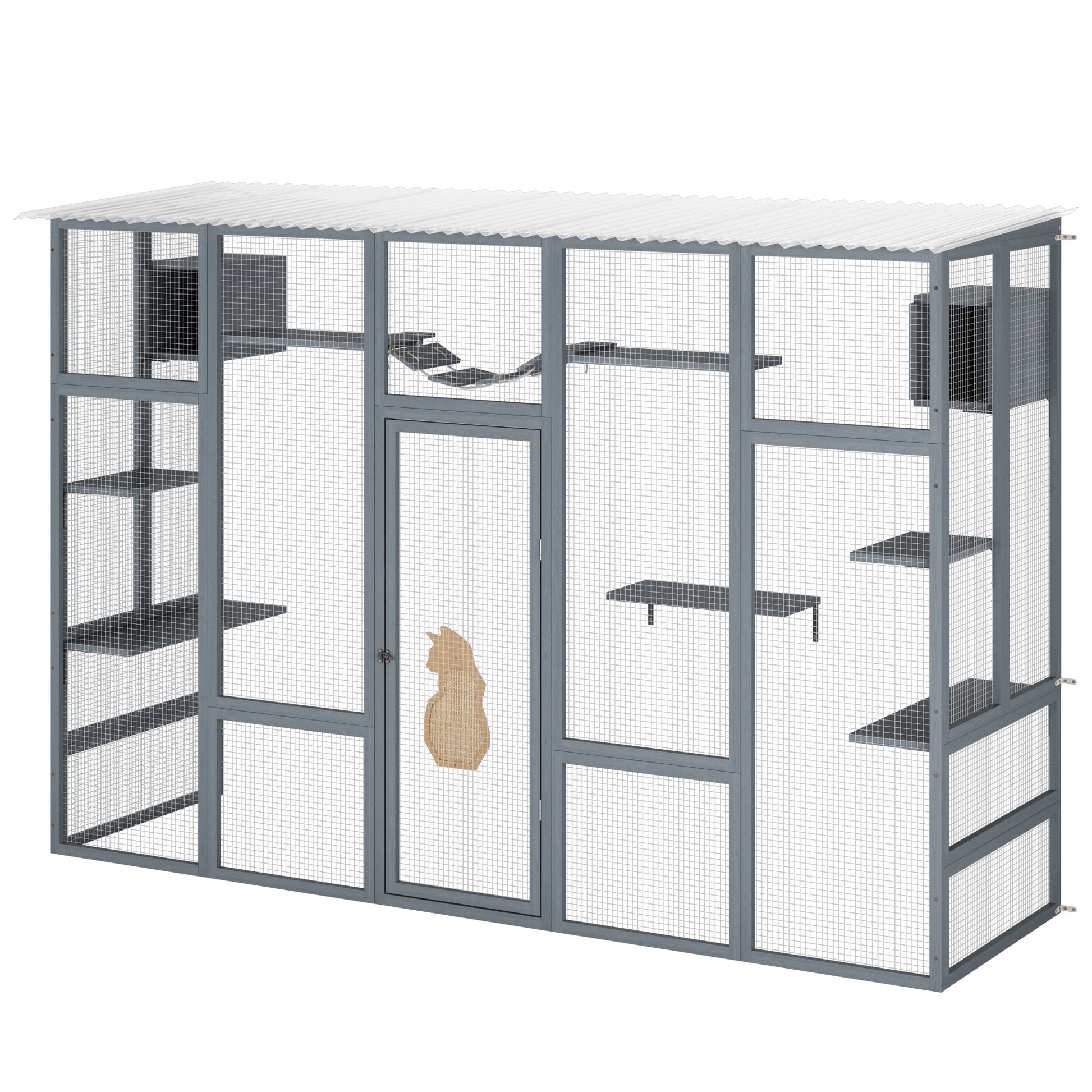 Wooden Cat Enclosure With 6 Jumping Platforms, 2 Cat Condos, Cat Bridge And Scratching Board, Gray Gray Pine