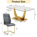 Table And Chair Set.Modern Rectangular Dining Table With Transparent Tempered Glass Tabletop And Gold Plated Metal Legs.Paried With 6 Comfortable Chairs With Pu Seats And Golden Metal Legs. Grey Gold,Transparent Seats 6 Glass Metal