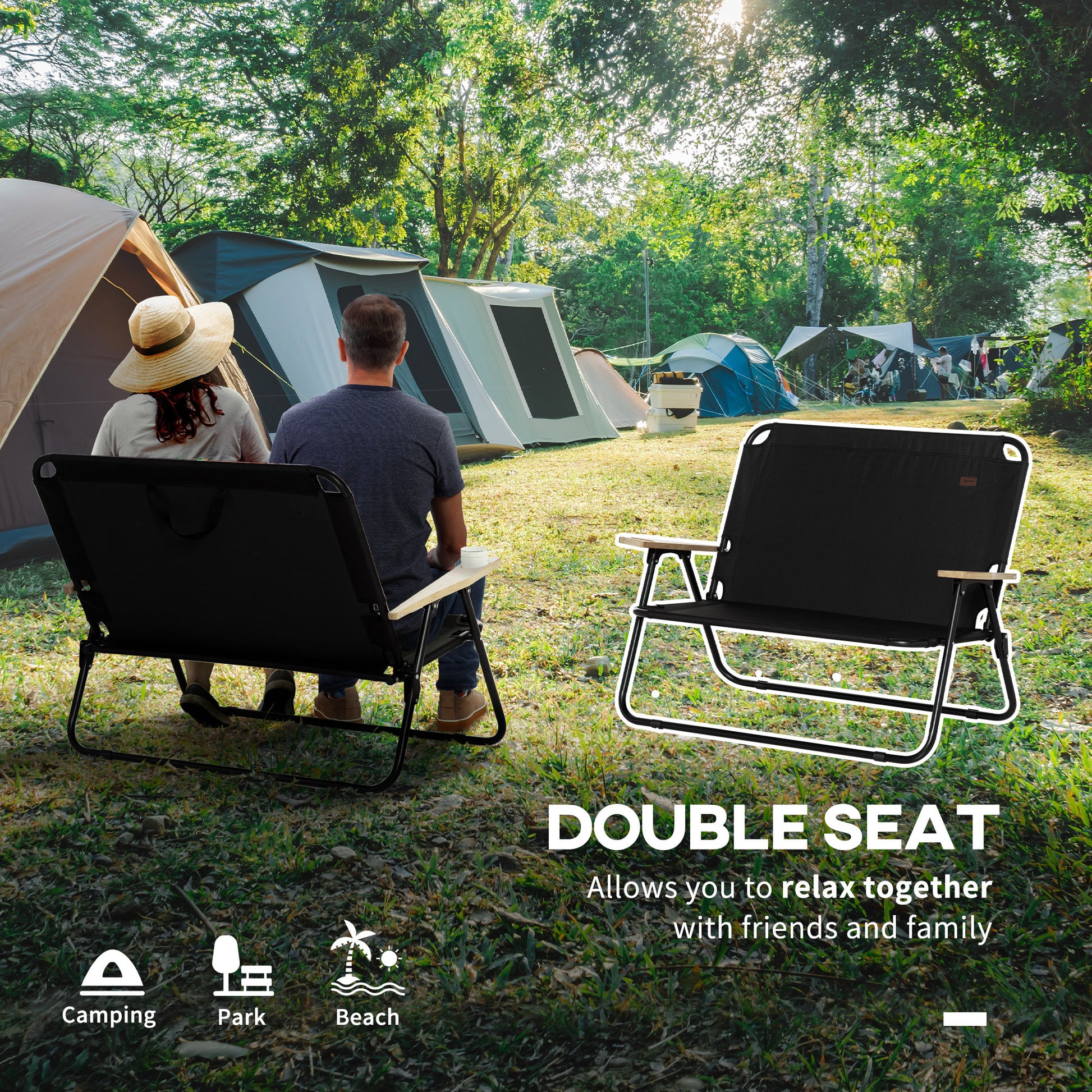 Outsunny Double Folding Camping Chair, Loveseat For 2 Adults, Portable Camping Couch With Wood Armrest & Cupholders, For Backpacking, Beach, Sports Travel, Black Black Steel