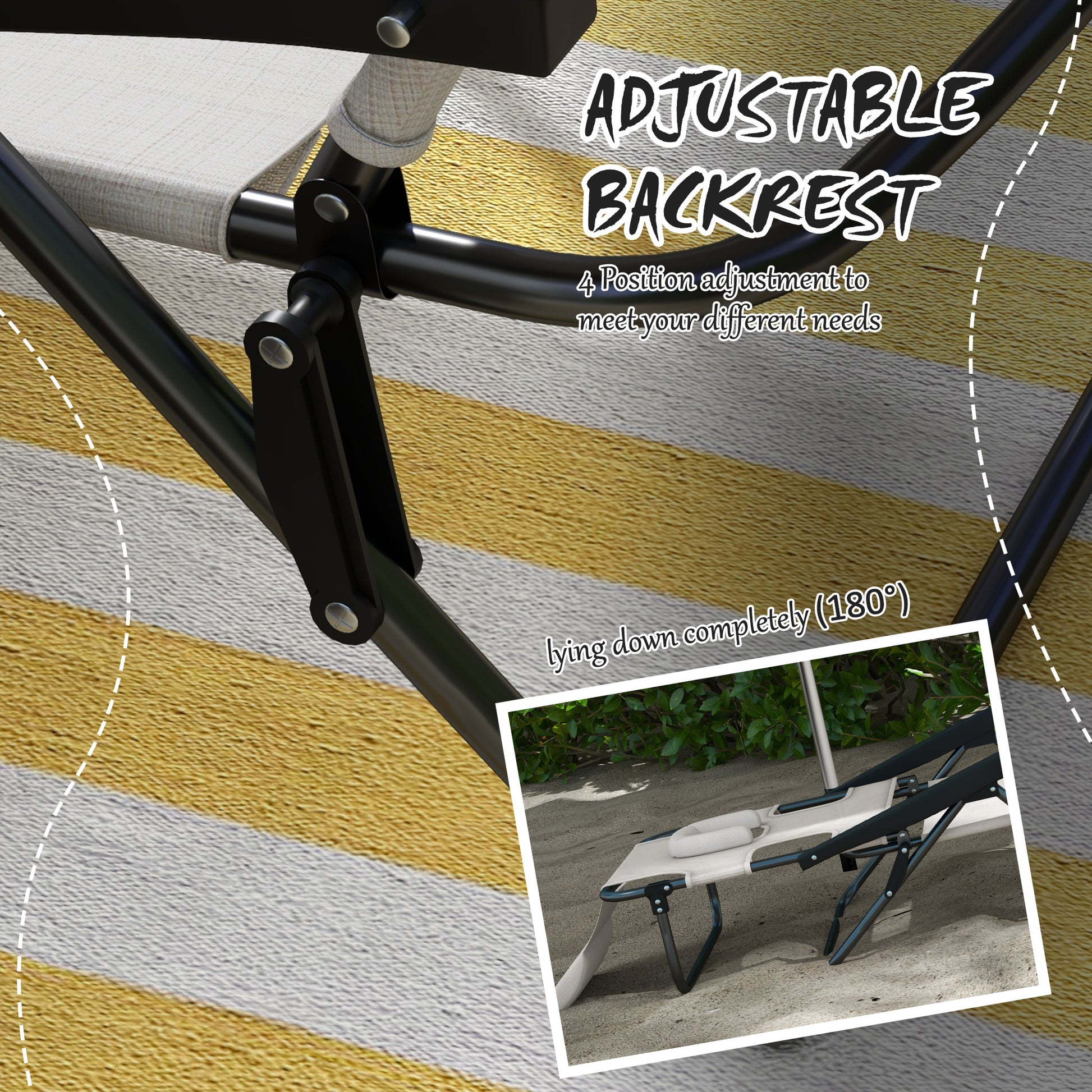 Outsunny Tanning Chaise Lounge Chair, 4 Position Beach Chair With Face & Arm Holes, Pillow Headrest, Adjustable Sunbathing Chair, Cream White Cream White Steel