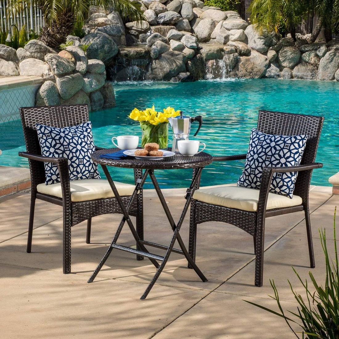 Elba Bistro Set 3Pcs Brown Multi Pe Rattan Iron Waterproof Fabric