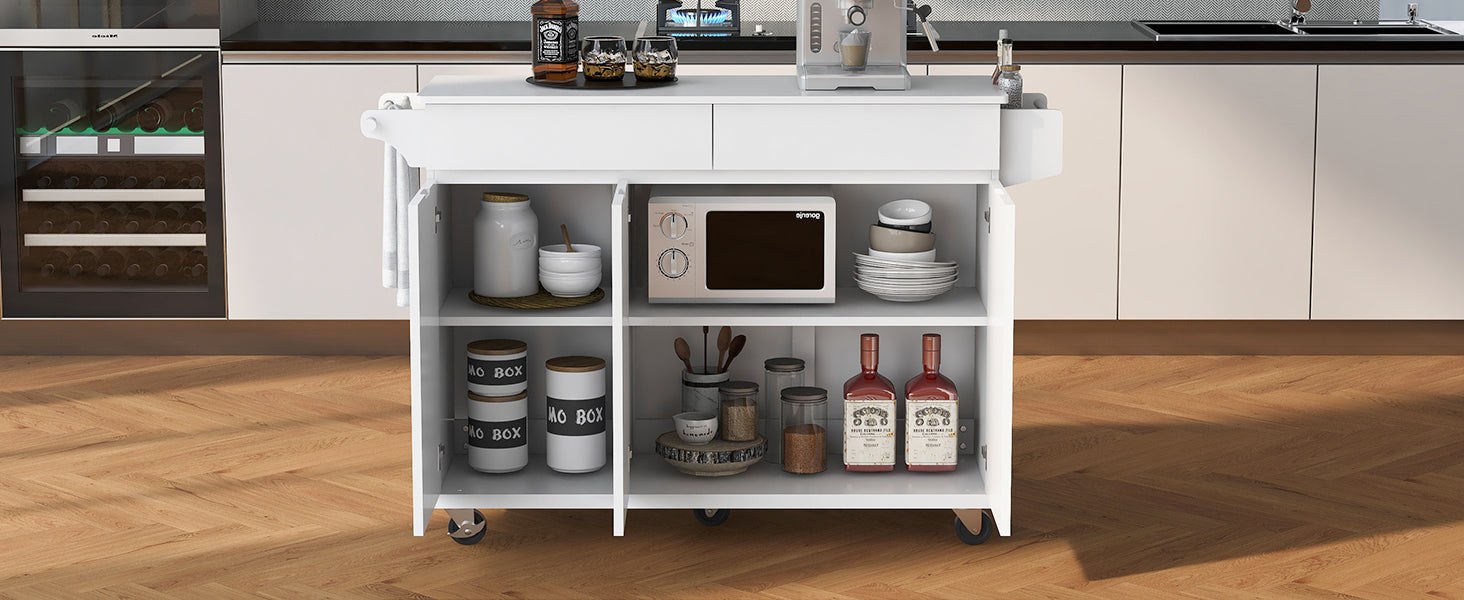 K&K 53.2'' Kitchen Island With Drop Leaf, Kitchen Storage Cart With Spice Rack, Towel Rack And 2 Drawers, Rolling Kitchen Island On Wheels With Adjustable Shelves For Kitchen, Dining Room, White White Brown Kitchen Artsy,Casual,Classic,Minimalist,Modern