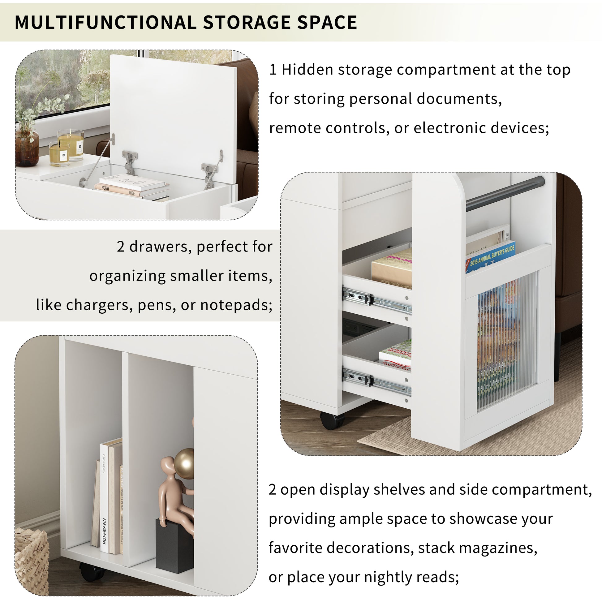 Multifunctional End Table With Wheels, Side Table With Tempered Glass Door, 2 Storage Shelves, 2 Drawers For Living Room, White White Mdf