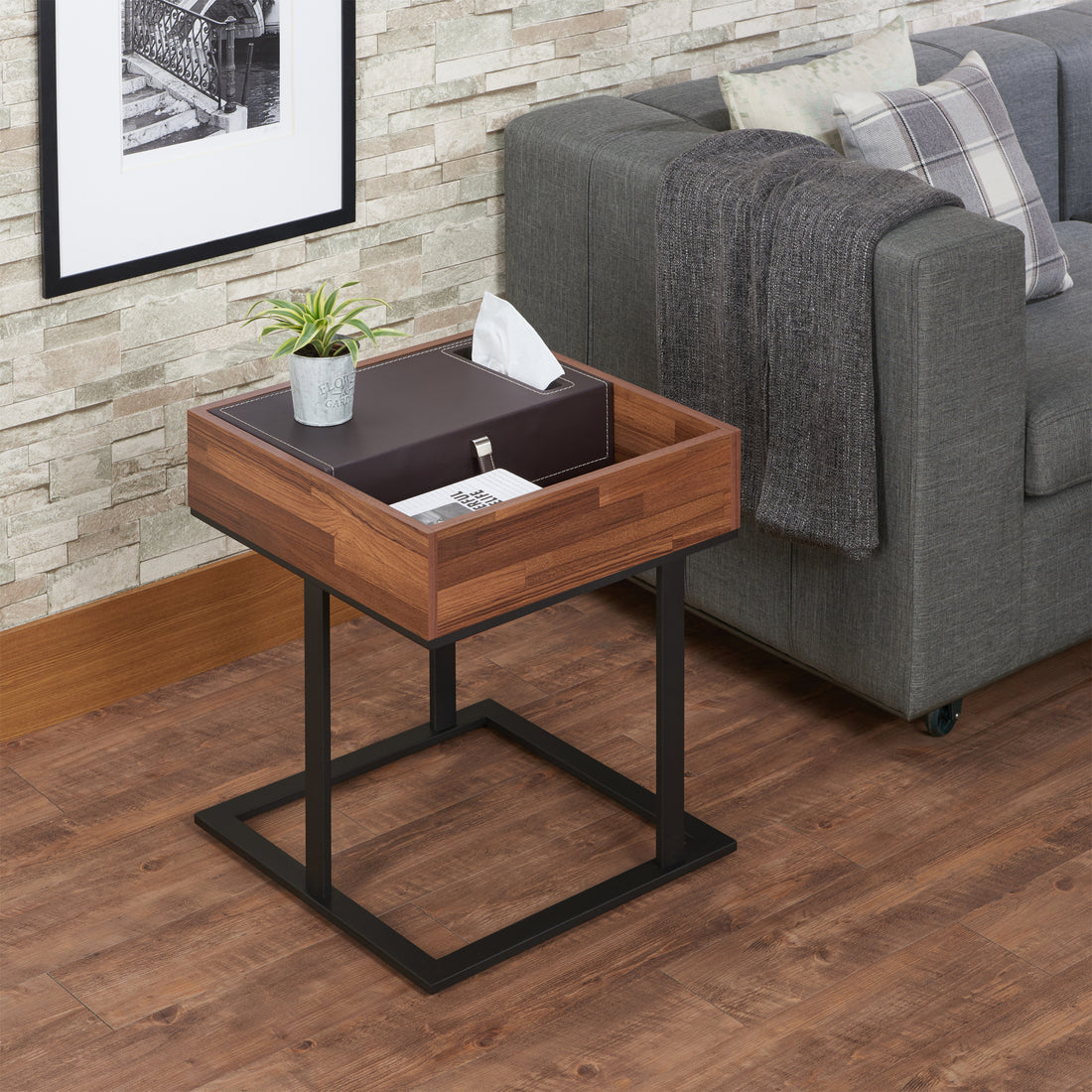 Walnut And Sandy Black Accent Table With Storage Walnut Primary Living Space Square Wood Metal