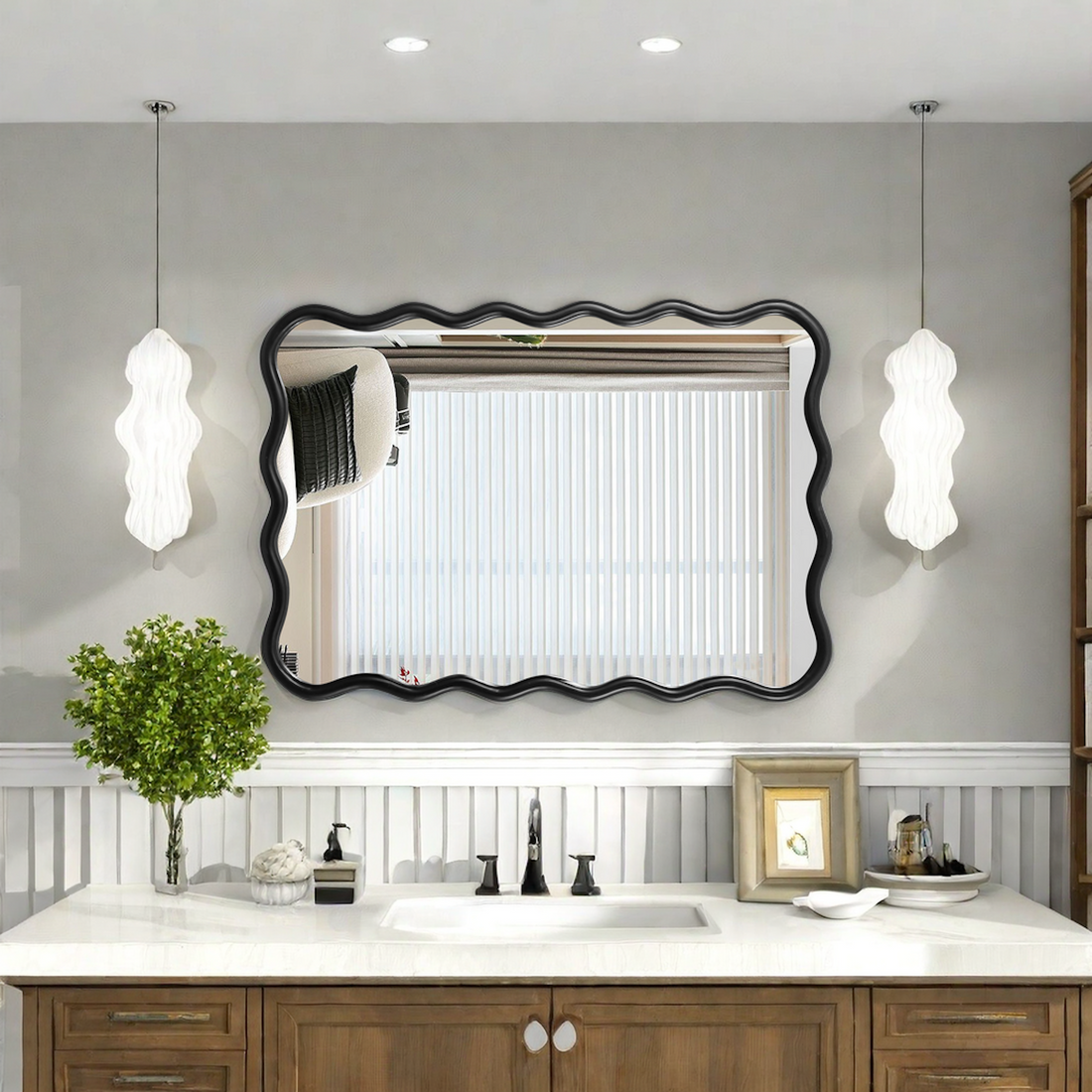 Solid Wood Wavy Rectangle Mirror Black 40" X 28" Modern Mirror Wall Decor For Bathroom, Bedroom, Living Room, Dining Room, Cloakroom, Entryway Antique Black Glass Solid Wood