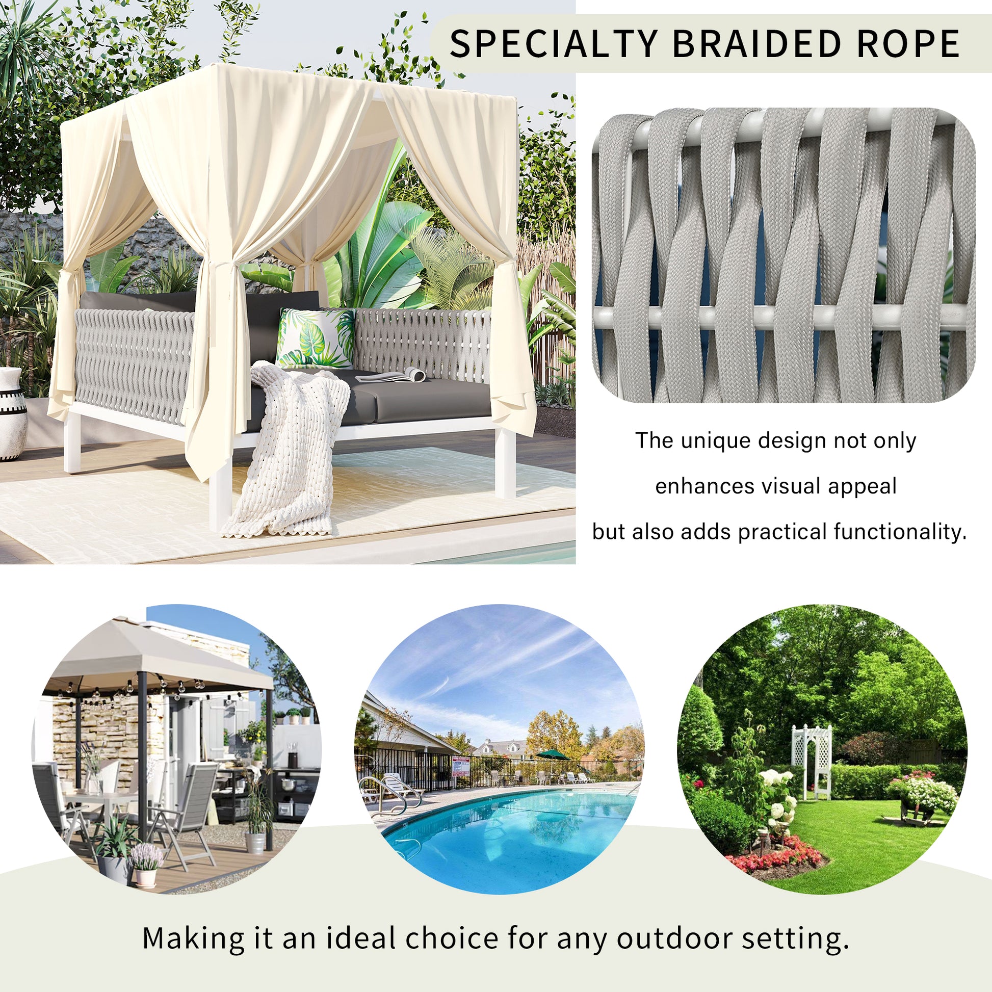 Outdoor Patio Sunbed With Curtains, High Comfort, Suitable For Multiple Scenarios Gray Beige Woven Rope