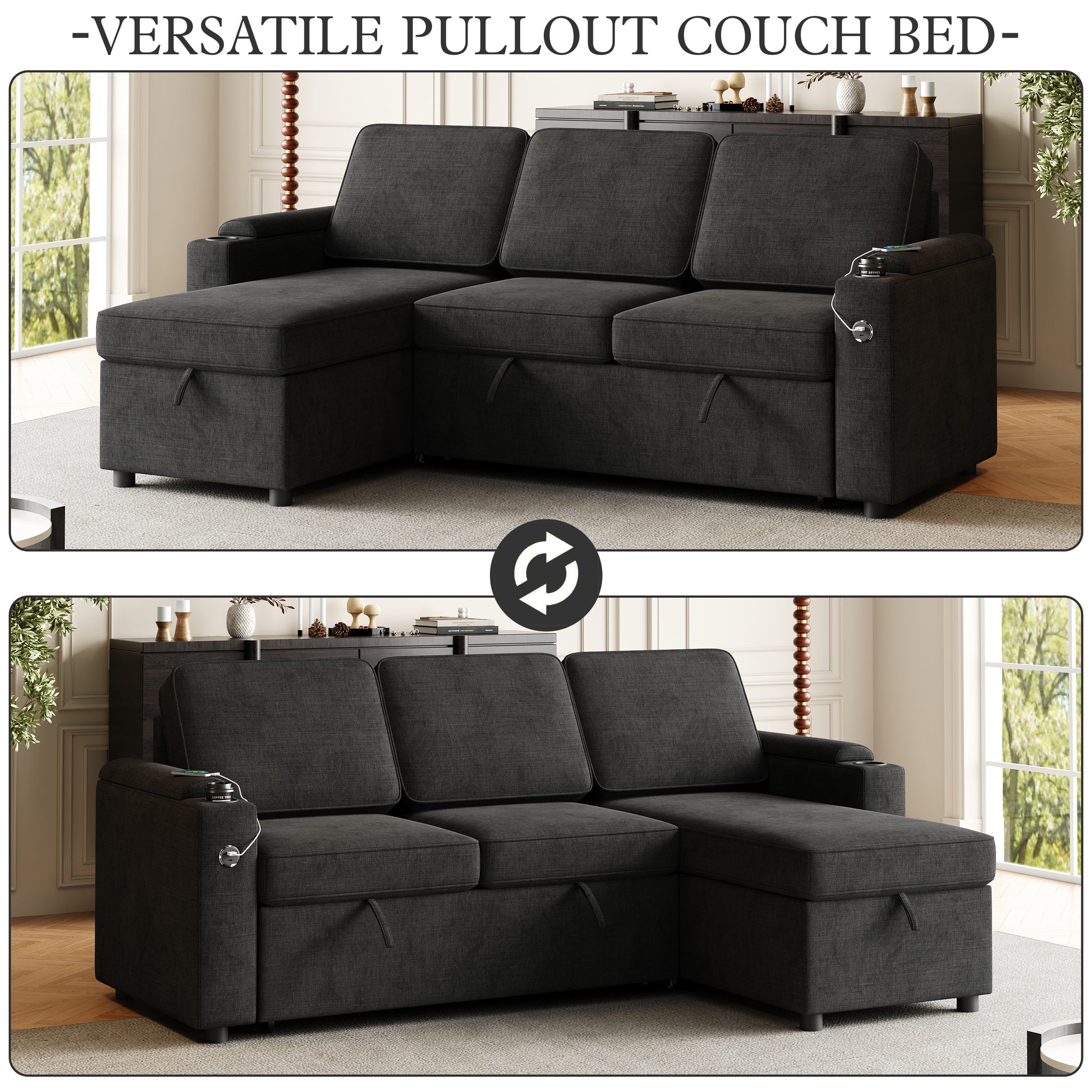 Mh85.8" Sleeper Sofa, Sofa Bed 2 In 1 Pull Out Sofa Bed With Storage Sofa, Sofa Sleeper With Pull Out Bed With Charging Port Black Polyester Primary Living Space Eucalyptus Polyester Fabric 3 Seat