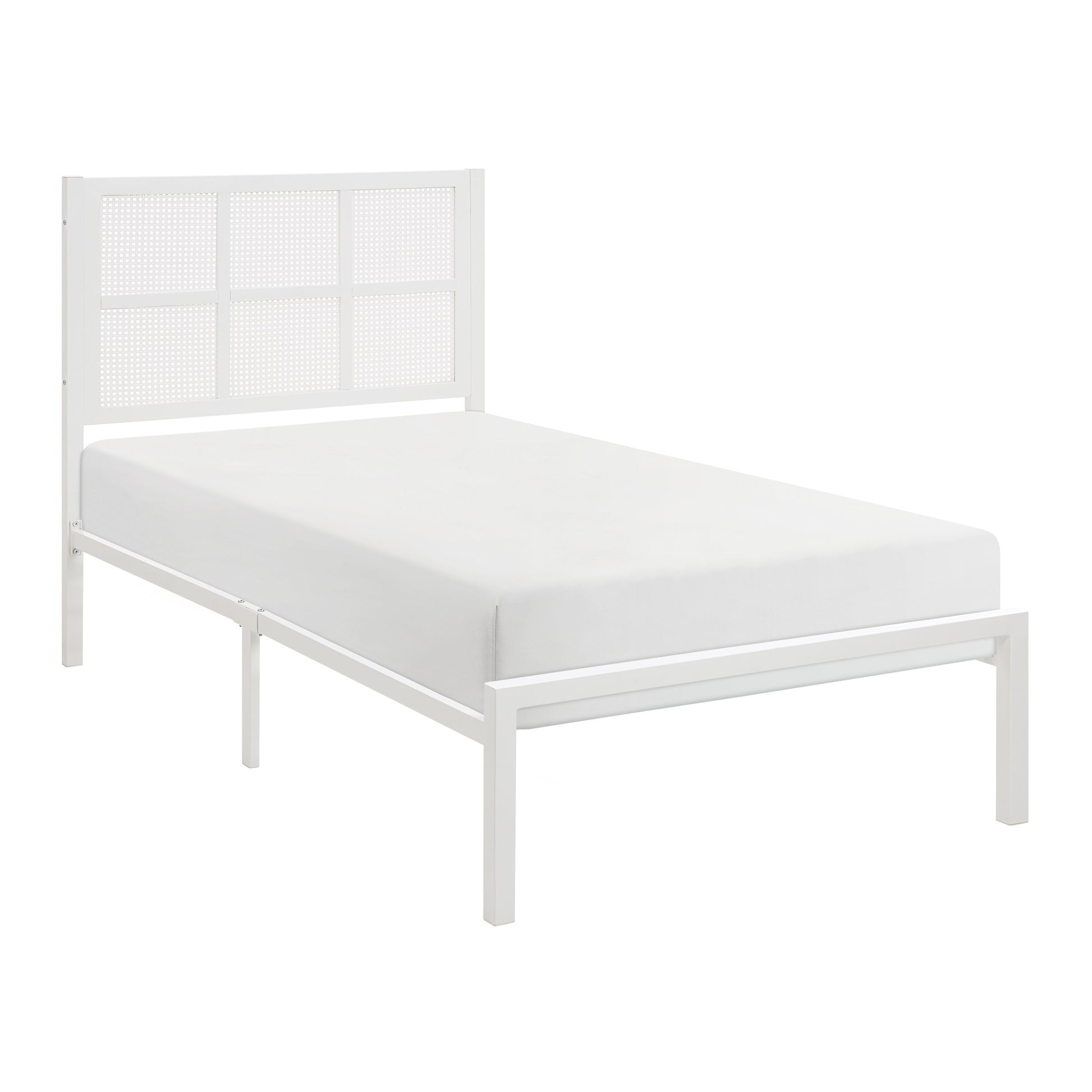 1Pc Twin Platform Bed, Metal Frame White Finish Faux Cane Panel Headbo