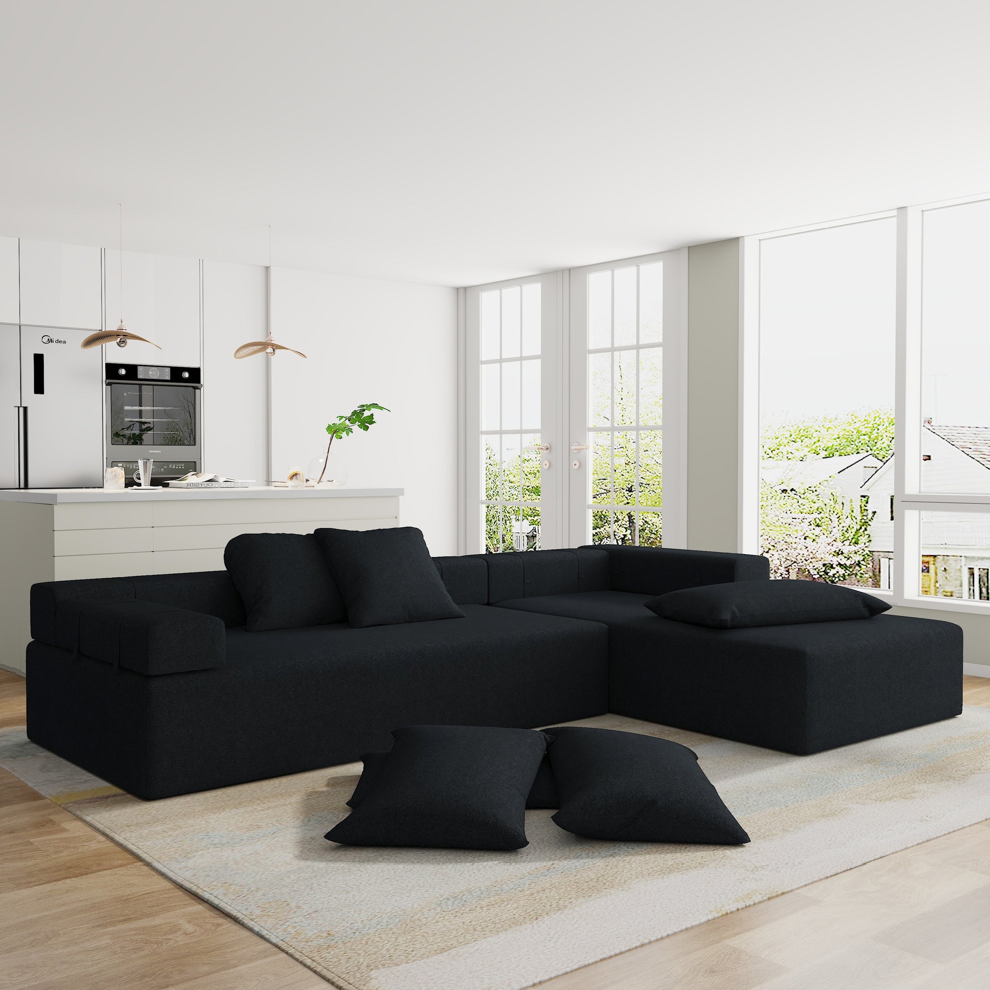 Modern Upholstered Sectional Sofa Couch Set,Modular 108" L Shaped Sectional Living Room Sofa Set With 6 Pillows,Free Combination Sofa Couch For Living Room,Bedroom Black Foam Chenille 3 Seat