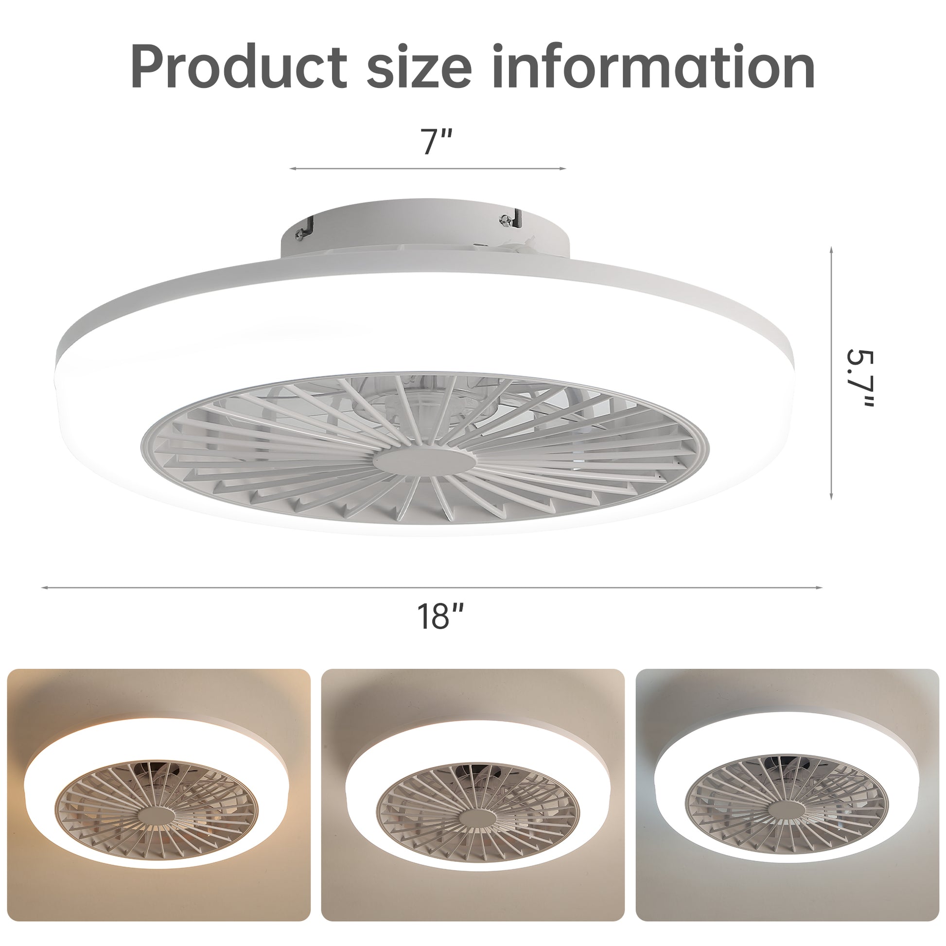 18 Inch Enclosed And Remote, Flush Mount Bladeless Modern Low Profile Ceiling Fan For Bedroom Kitchen Dining Room White Abs