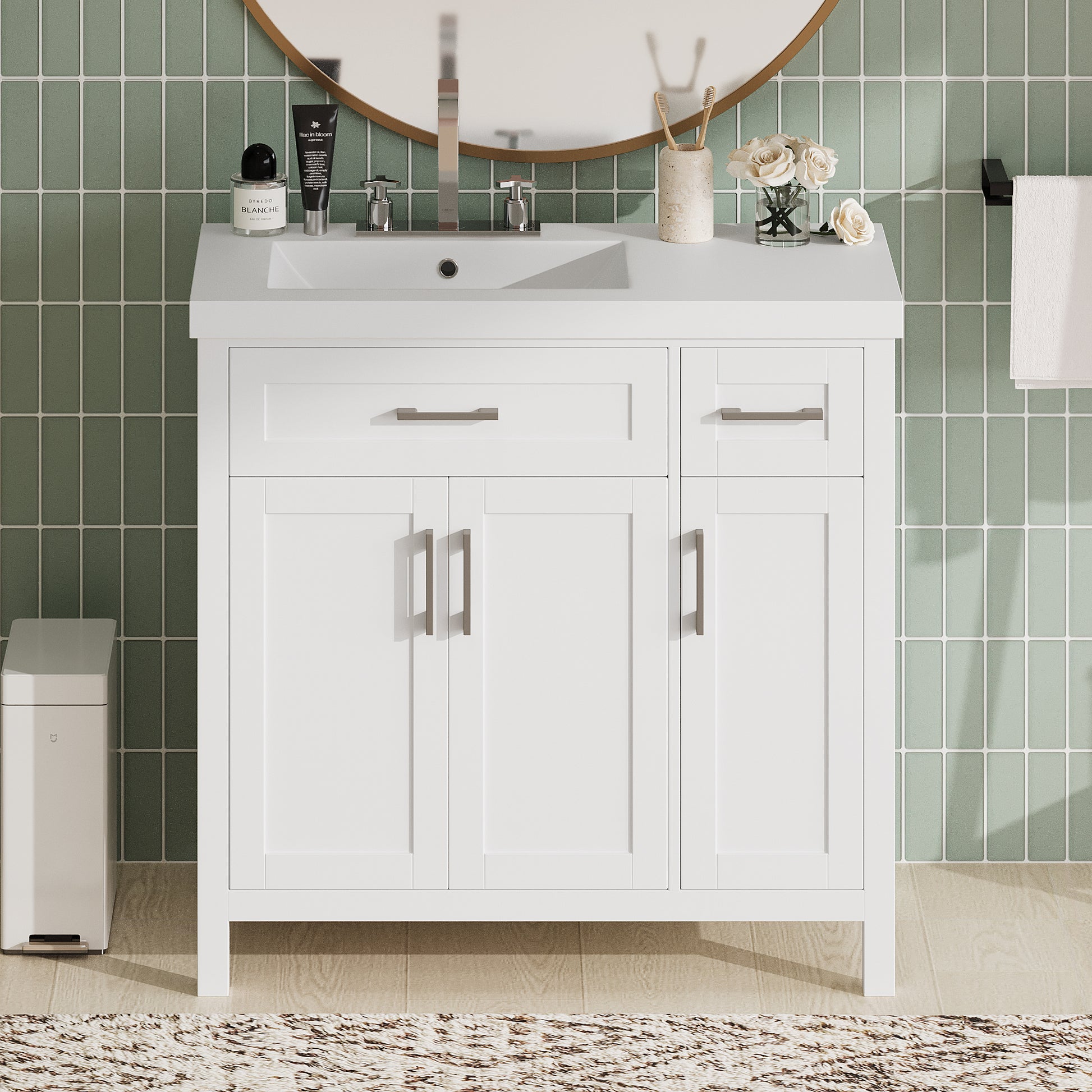 36" White Bathroom Vanity Cabinet With Resin Integrated Sink 2 Drawers, 3 Doors White Bathroom Solid Wood Mdf Resin