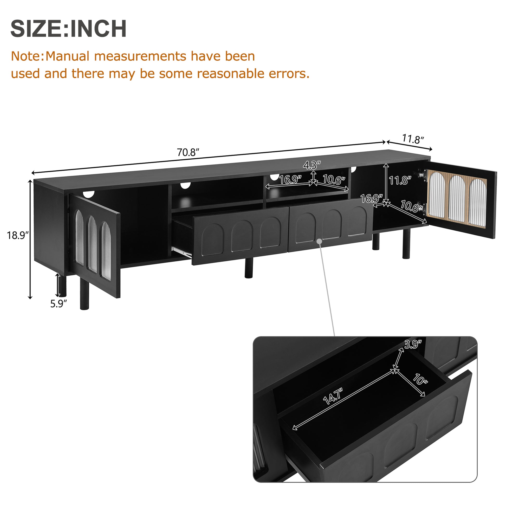 Cream Style Tv Stand With Led Light Strip For Tvs Up To 80'', Graceful Entertainment Center With 5 Solid Wood Legs, Large Storage Media Console With Fluted Tempered Glass Doors, Black Black 80 89 Inches Particle Board