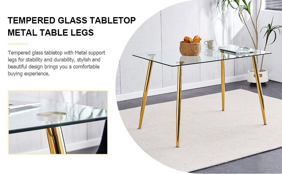 Modern Minimalist Rectangular Glass Dining Table For 4 6 With 0.31" Tempered Glass Tabletop And Golden Plating Metal Legs, Writing Table Desk, For Kitchen Dining Living Room, 51" *31"*30".F 1544 Golden Glass