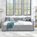 Queen Size Daybed With Two Drawers Trundle Upholstered Sofa Bed, With Vertical Stripes Linen Fabric, Grey 86.5