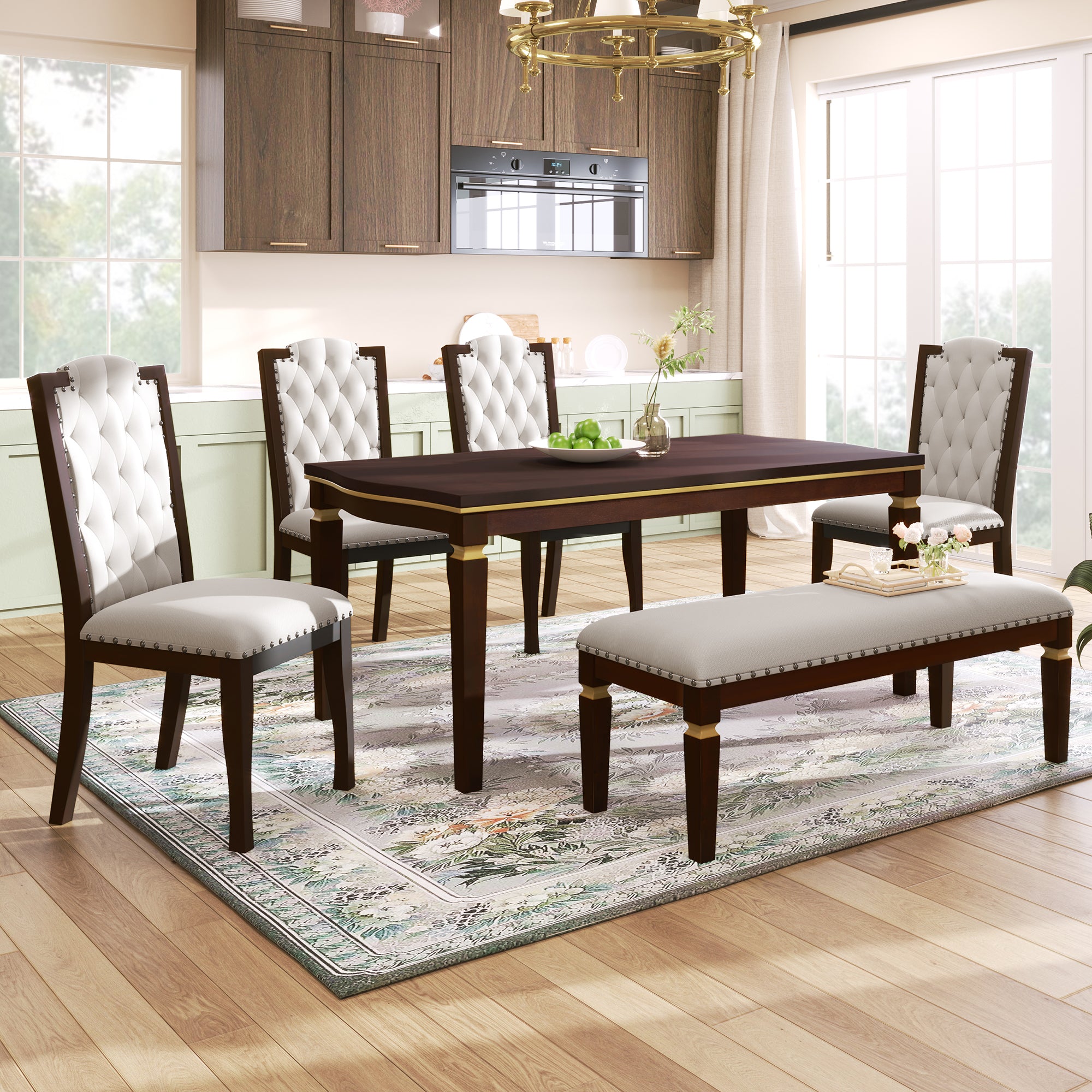 6 Piece Kitchen Dining Table Set, 60" Rectangular Table And 4 High Back Tufted Chairs & 1 Bench For Dining Room And Kitchen Espresso Upholstered Chair Espresso Seats 6 Solid Wood Classic,Modern 4