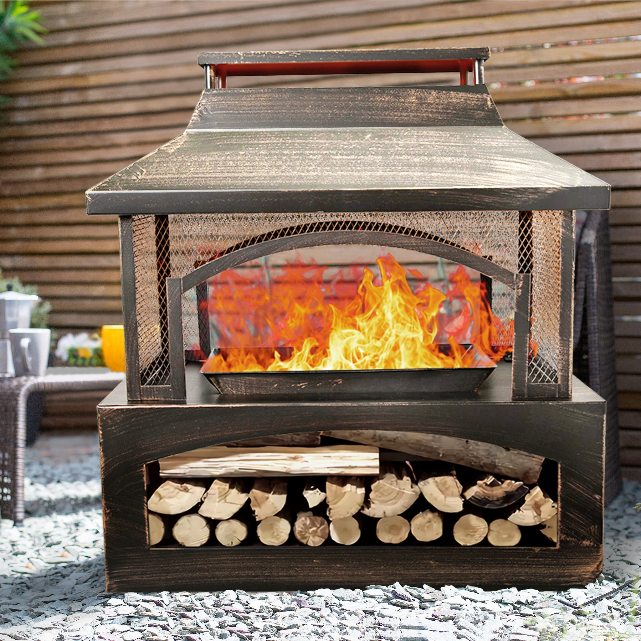 37 Inch Rectangular Metal Outdoor Wood Burning Fireplace Outdoor Fireplace With Built In Log Storage And Poker Brushed Bronze,Log Burner Fire Pit For Patio Garden And Backyard Antique Brass Garden & Outdoor Antique Steel