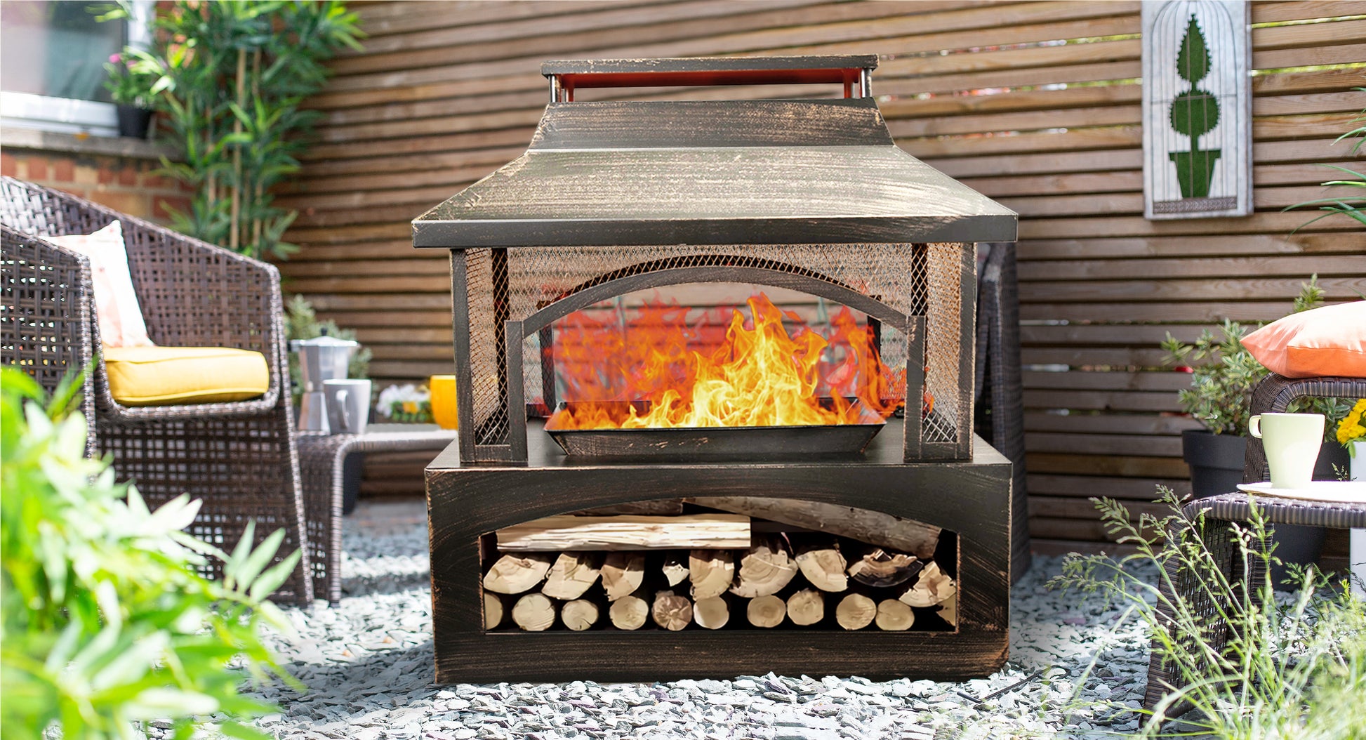 37 Inch Rectangular Metal Outdoor Wood Burning Fireplace Outdoor Fireplace With Built In Log Storage And Poker Brushed Bronze,Log Burner Fire Pit For Patio Garden And Backyard Antique Brass Garden & Outdoor Antique Steel