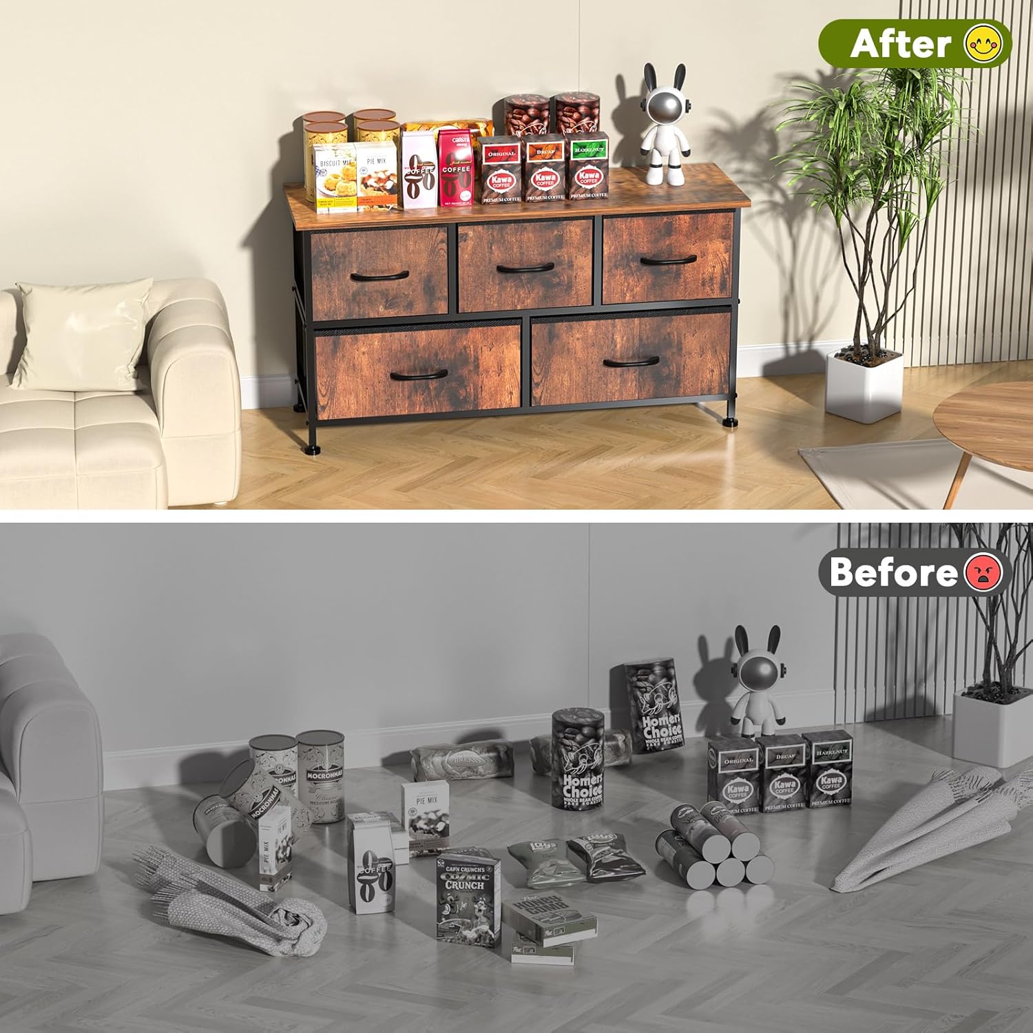 5 Drawers Dresser For Bedroom, Kidsroom Furniture, Wide Chest Of Drawers, Storage Organizer Units With Fabric Bins For Closet, Metal Frame, Waterproof Wood Top, Adjustable Feet, Rust Rust Wood