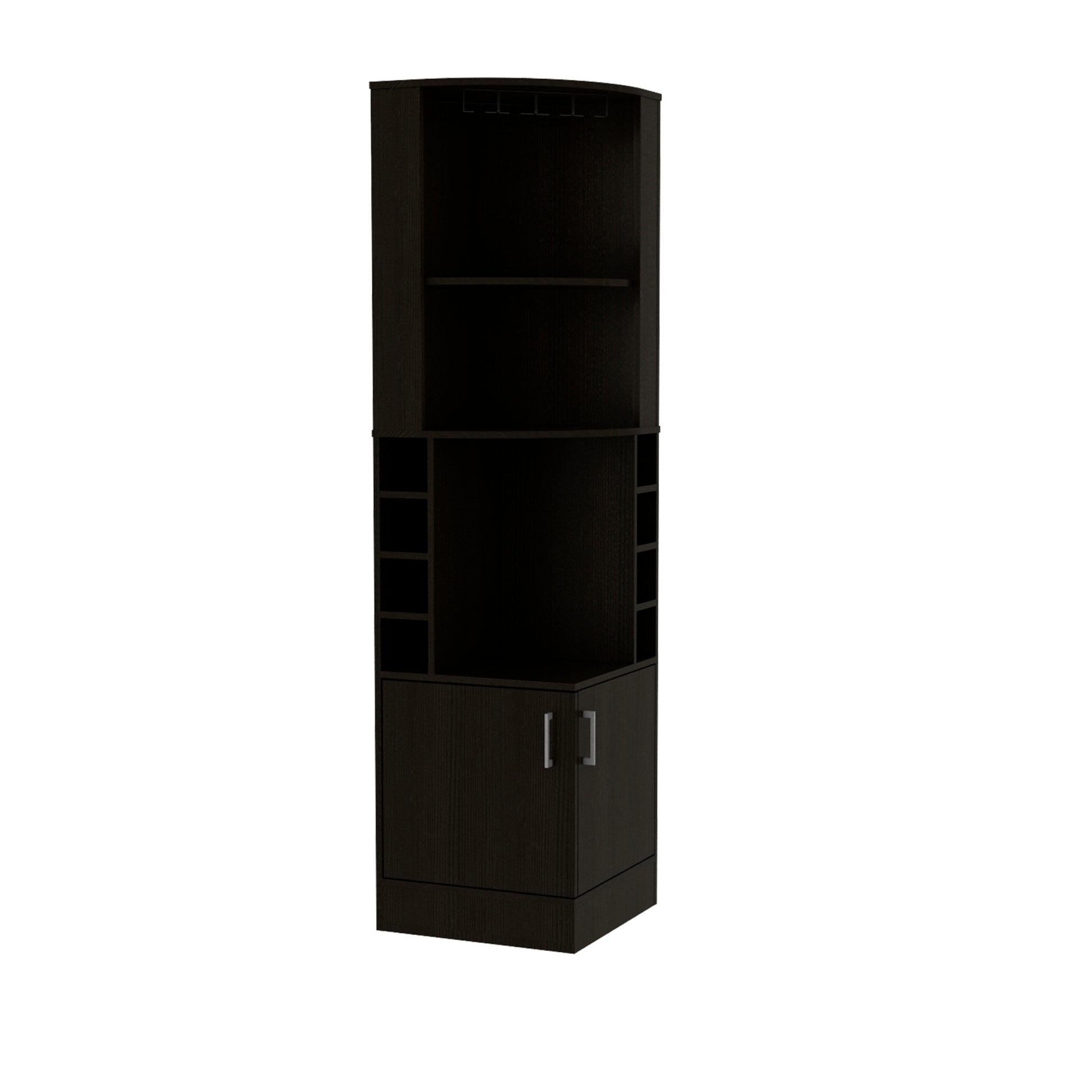 Syrah Corner Bar Cabinet, Eight Bottle Cubbies, Double Door, Two Open Shelves Black Freestanding Black Dining Room Corner Unit Modern Particle Board