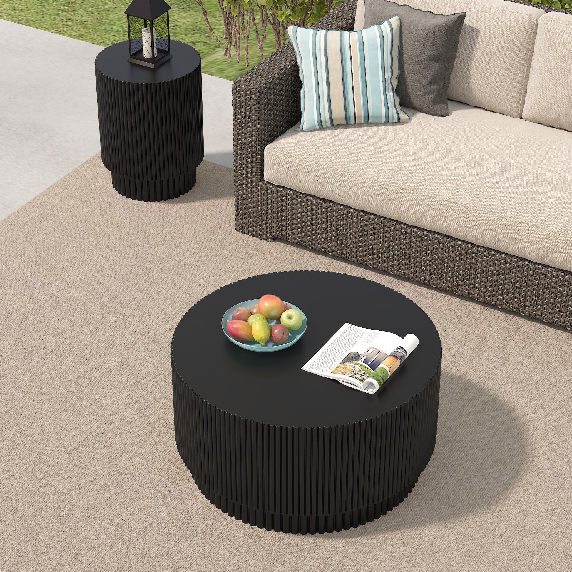 15.72 Inch H Barrel Coffee Table, Nordic Style, Simple Design, Suitable For Indoor And Outdoor Use, Magnesium Oxide Material, Suitable For Living Room, Bedroom Or Garden Sofa Black Magnesium Oxide