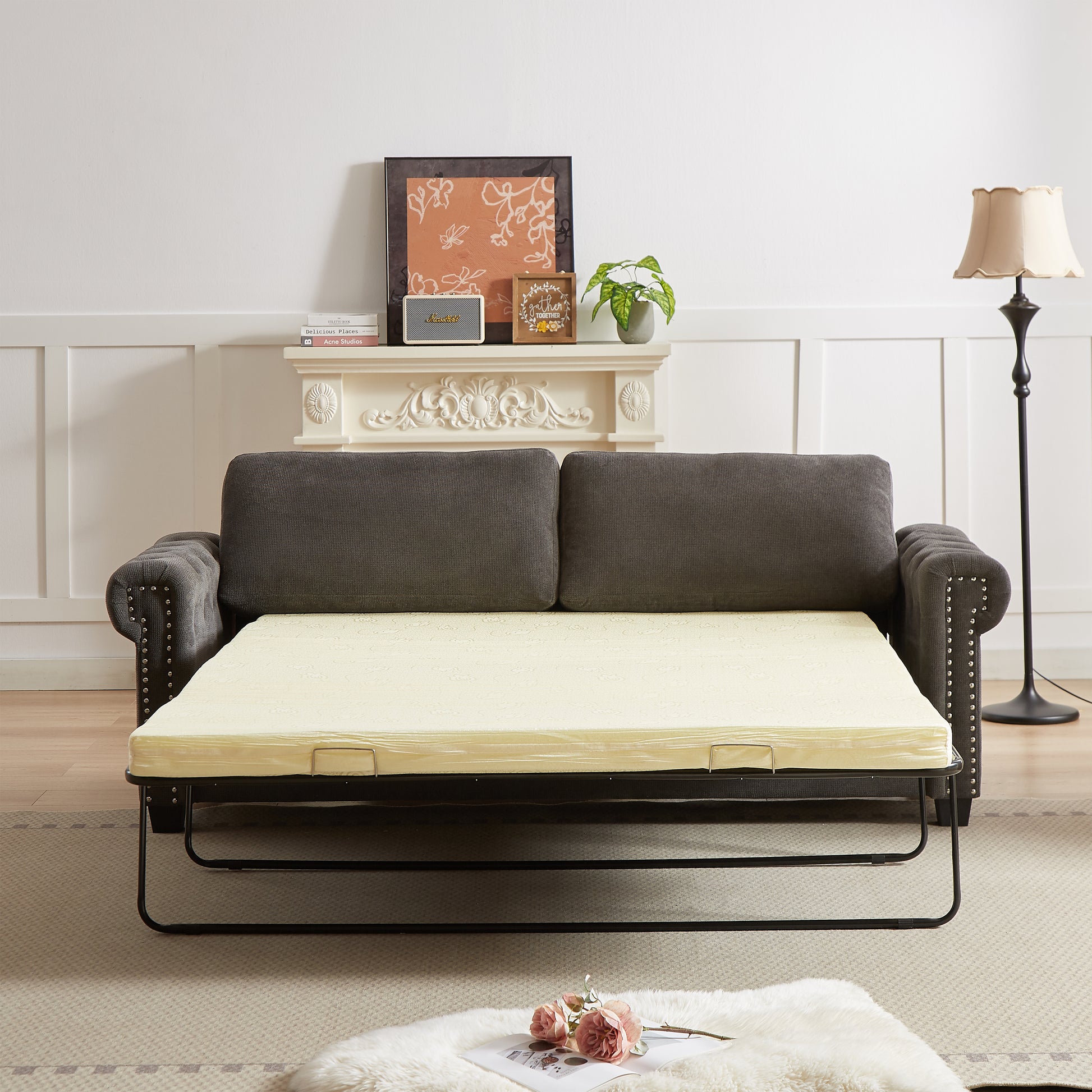 Fx 83.8" Convertible Sleeper Sofa Bed, 2 In 1 Pullout Sofa Bed, Polyester Sleeper Sofa Bed With Folding Mattress, Living Room Pullout Sofa Bed, Apartment Small Space Sofa Sleeper Gray Polyester Foam Fabric 3 Seat