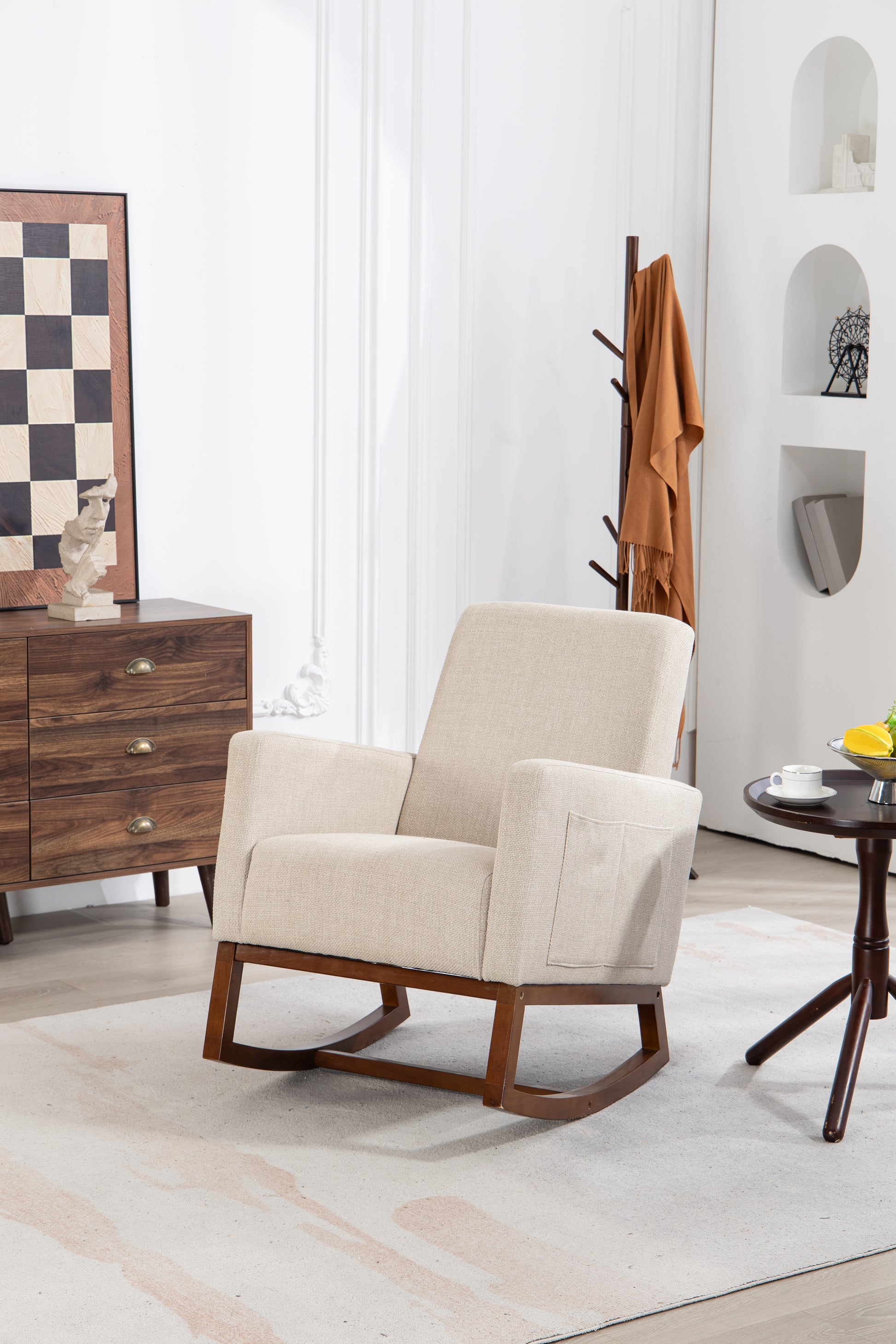 Mid Century Modern Accent Chair With Wood Frame, Upholstered Living Room Chairs With Waist Cushion, Reading Armchair For Bedroom Sunroom Grey White Linen