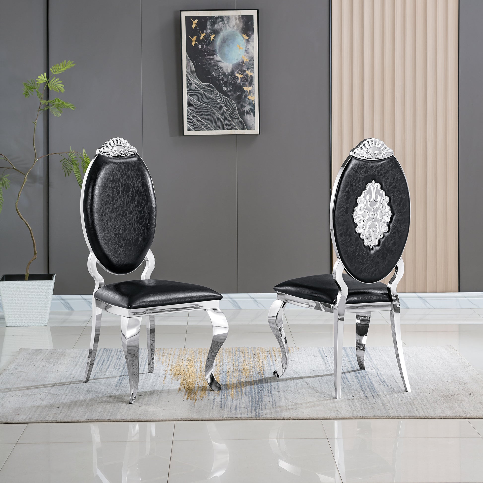 Dining Chair Set Of 2, Oval Back Carving Design With Stainless Steel Legs Black Pu