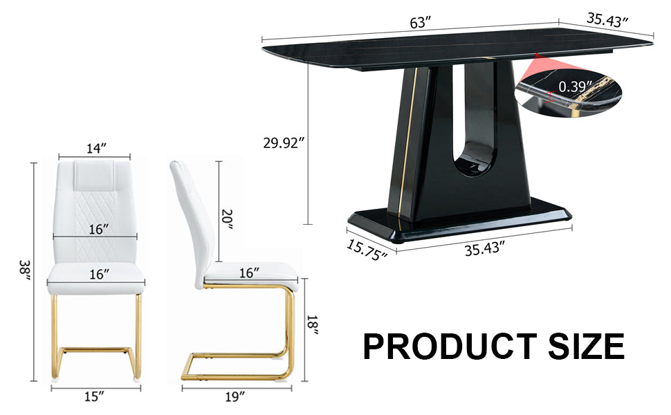 Table And Chair Set, Minimalist Dining Table, Imitation Marble Patterned Glass Tabletop, Mdf Legs With U Shaped Brackets. Paired With Comfortable Chairs, Suitable For Dining And Living Rooms. Black Gold Mdf Glass