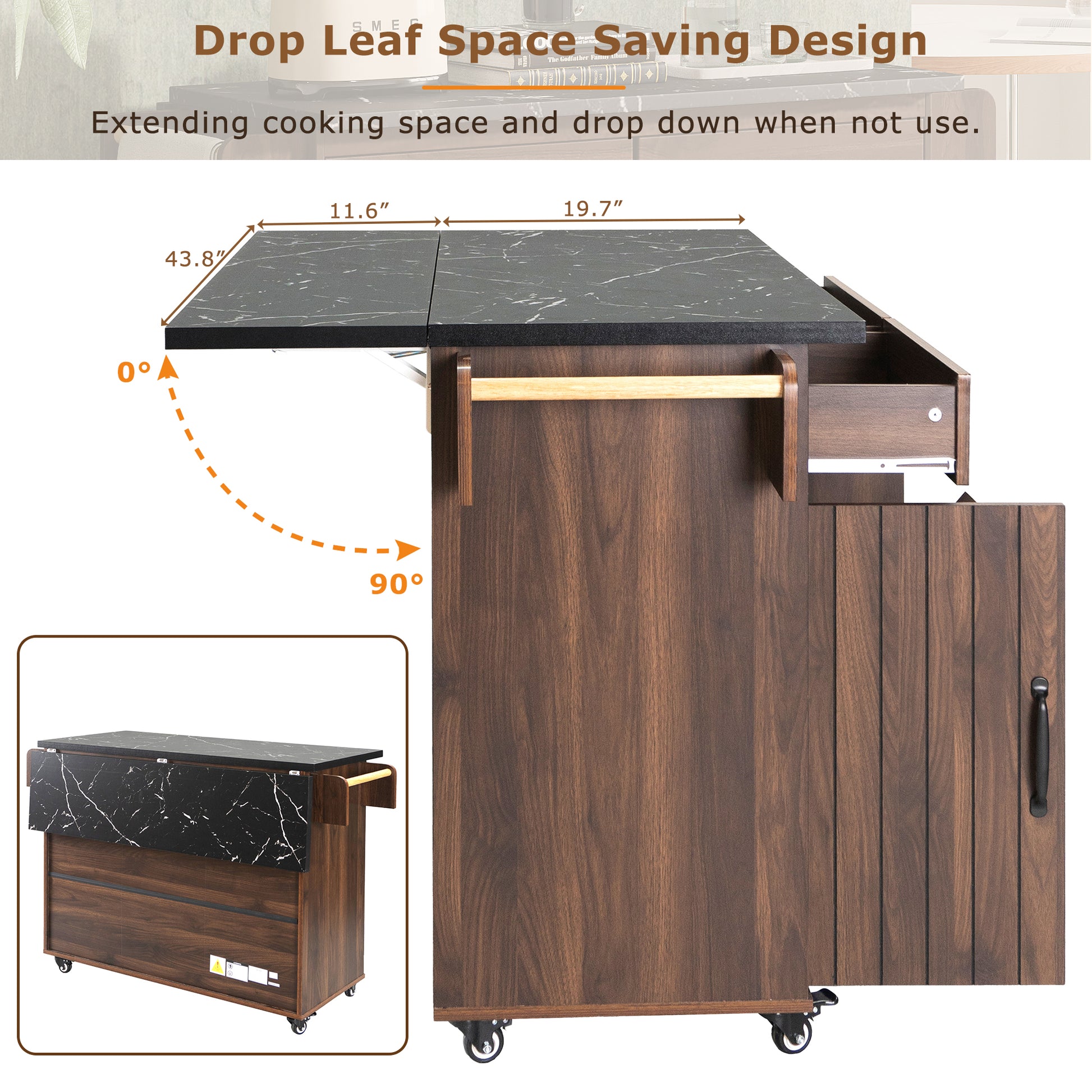 K&K Kitchen Island With Trash Can Storage Cabinet, Kitchen Cart With Drop Leaf, Spice Rack, Towel Rack And Drawer, Rolling Kitchen Island On Wheels With Adjustable Shelf, Walnut Brown Walnut Brown