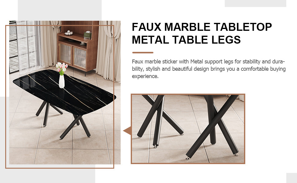 Large Modern Minimalist Rectangular Dining Table With 0.39 "Imitation Marble Black Tabletop And Black Metal Legs, Suitable For Kitchen, Dining Room, Living Room, Conference Room, And Banquet Hall