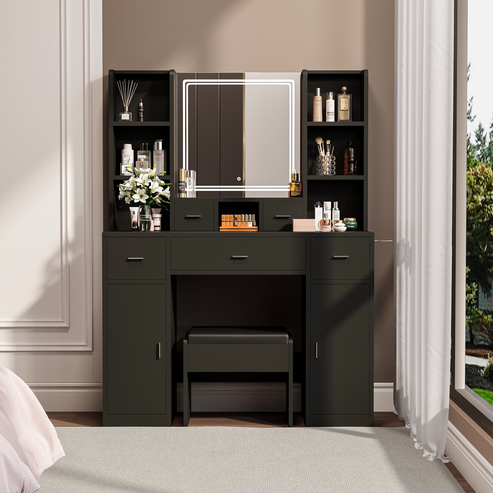black mirrored dressing table Modern Extendable Makeup Vanity with 5 Drawers, Stool & LED Mirror
