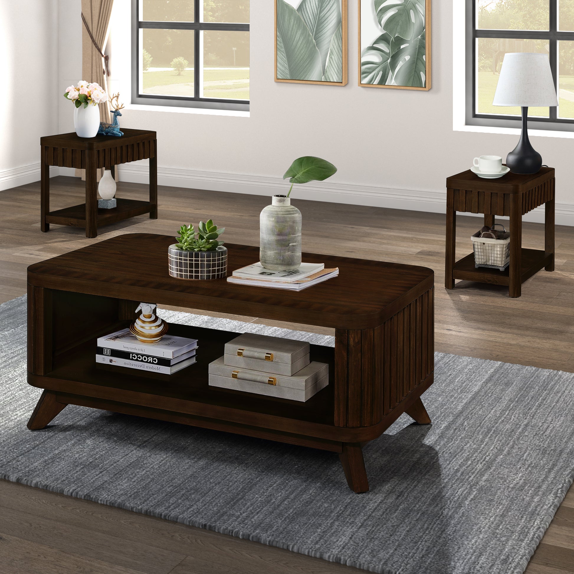 Rectangular Wood Coffee Table For Living Room, 41.5 Inch Coffee Table With Solid Wood Legs, Wood Center Table Tea Table With Open Storage Shelf. Easy Assembly, Espresso Espresso Primary Living Space Coffee & End Tables Pine