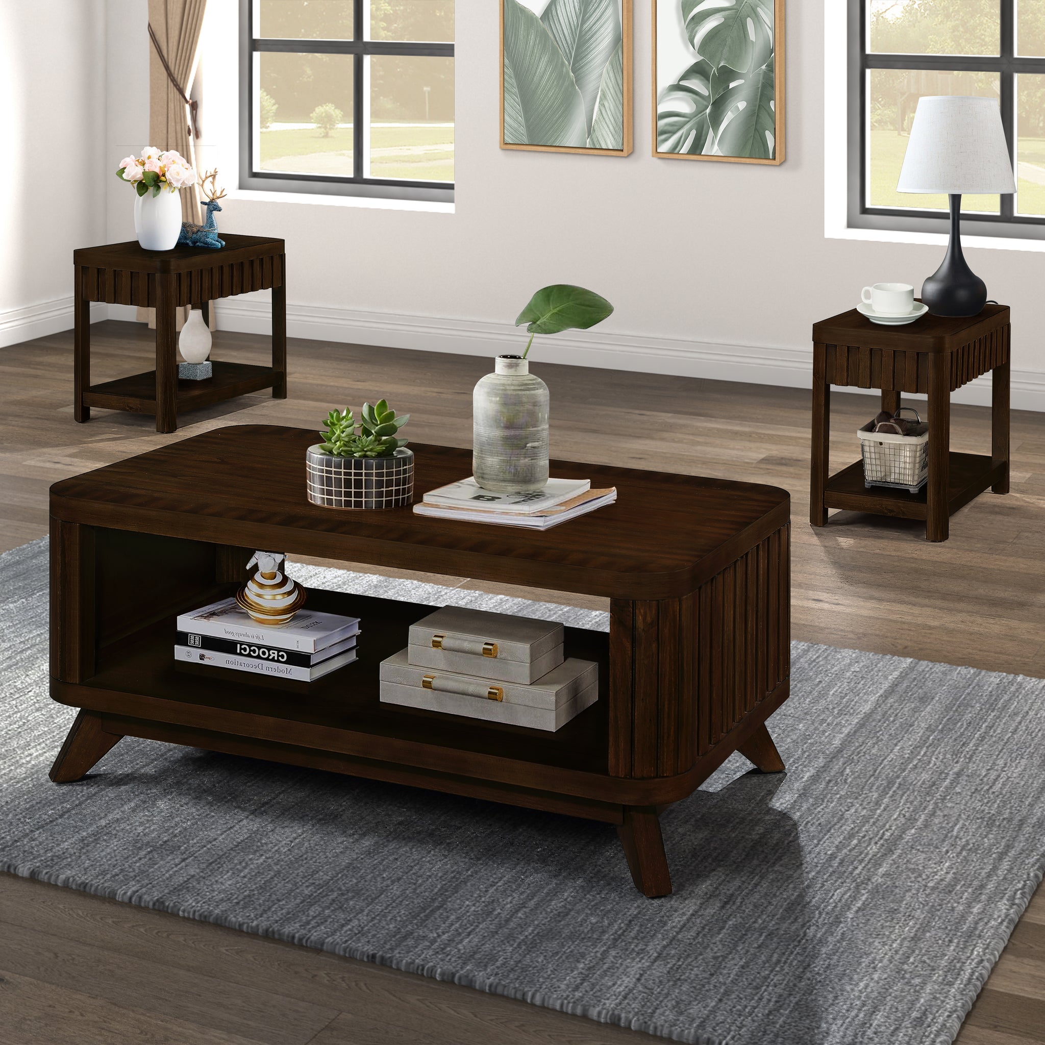 Rectangular Living Room Coffee Table Set, 3 Piece Living Room Table Set With Solid Wood Legs, 1 Coffee Table And 2 End Table, Wood Center Table Tea Table Set .Easy Assembly, Espresso Espresso Pine