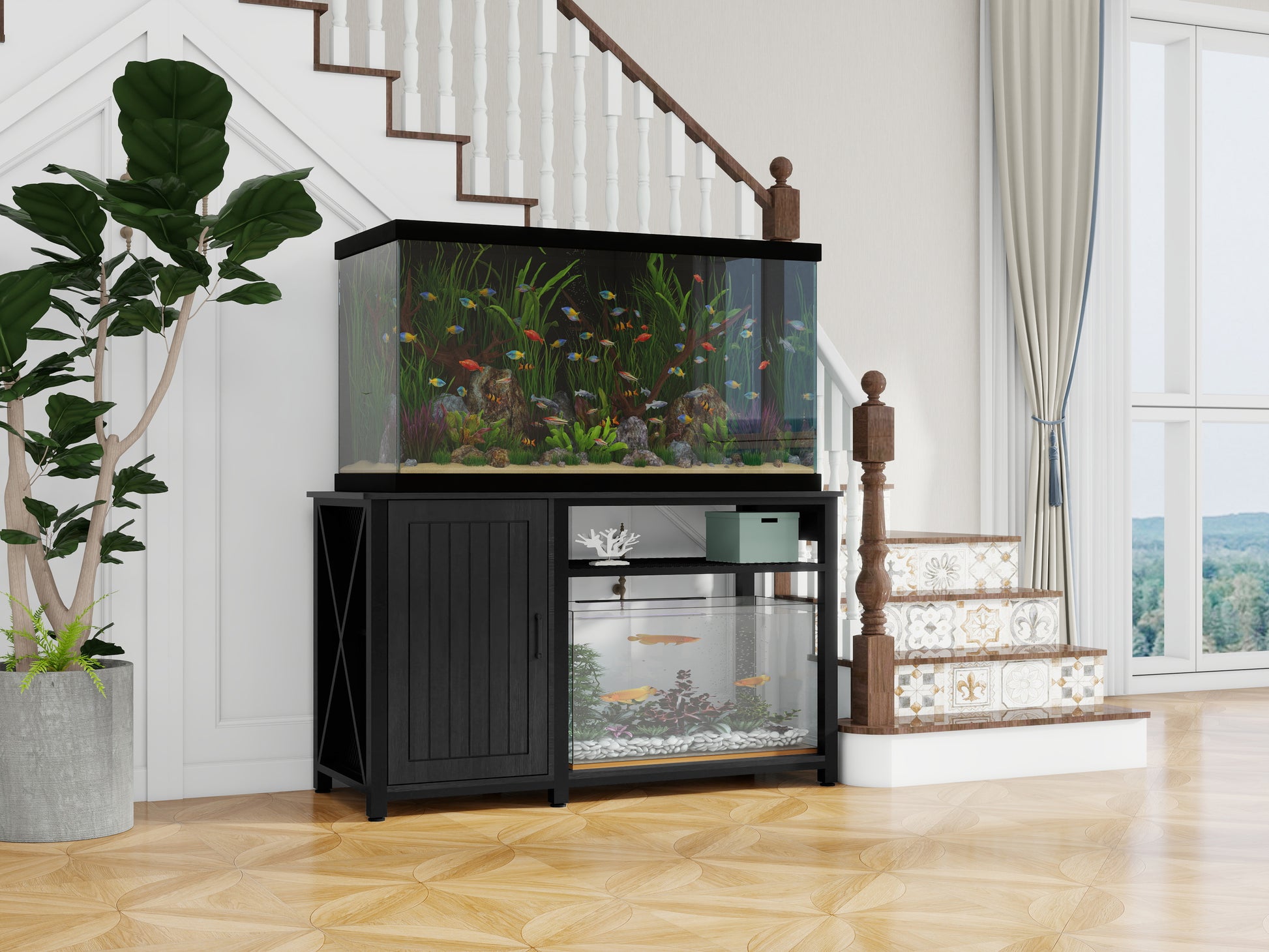 fish tank.accessories Heavy Duty 55 75 Gallon Aquarium Stand With Power Outlets, Cabinet For
