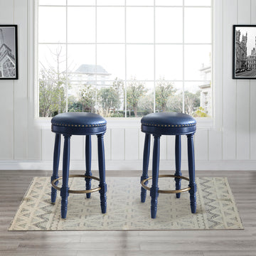 Bar Stools Set Of 2 Dark Blue Color, 360 Degree Swivel, Accent Wooden Swivel Seat Counter Height Bar Stool, Leather Upholstered Design, Barstool Perfect For Dining And Living Room Height 26" Cushion