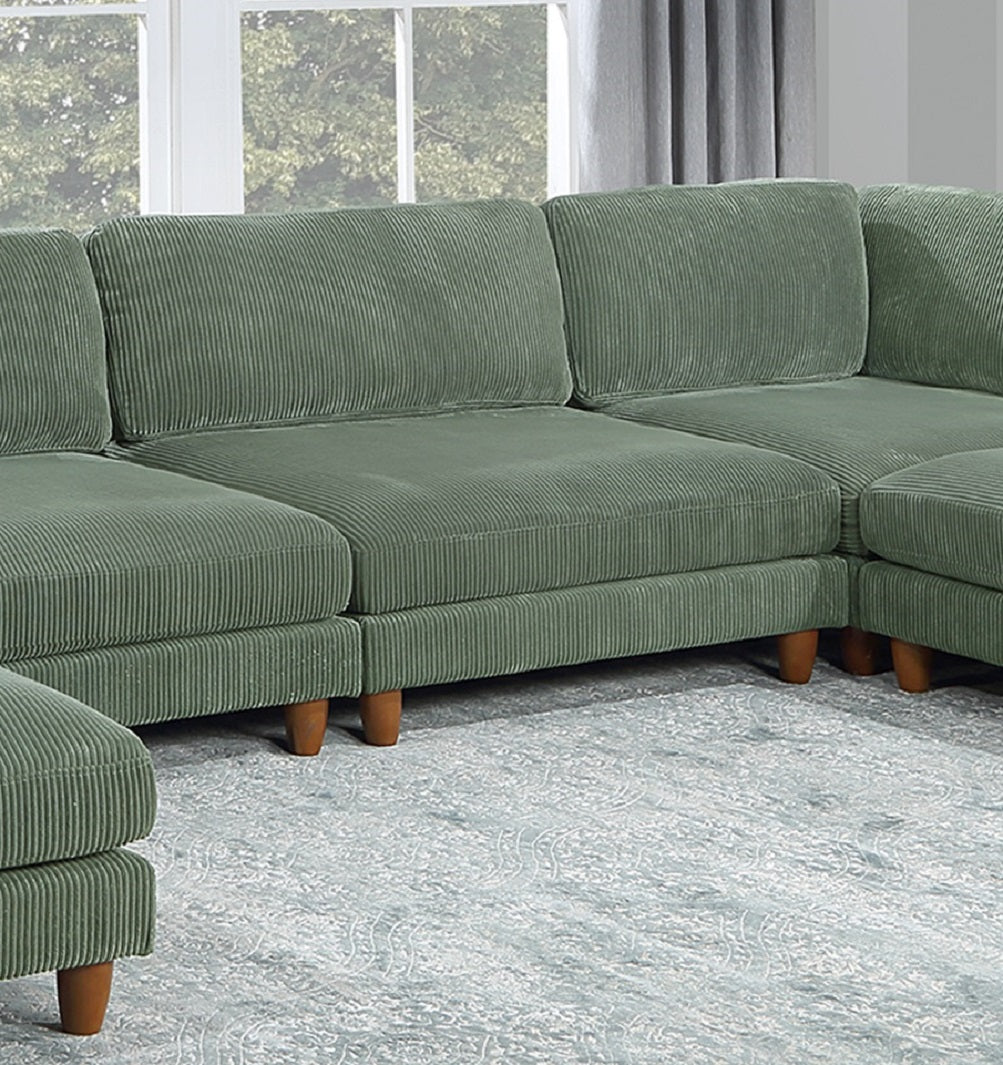 Contemporary Sage Color 6Pc Modular Sectional Set Corduroy Upholstery Couch 2X Corner Wedge, 2X Armless Chairs 2X Ottomans Living Room Sage Primary Living Space Cushion Back Contemporary,Modern Modular Rubberwood Corduroy 6 Seat