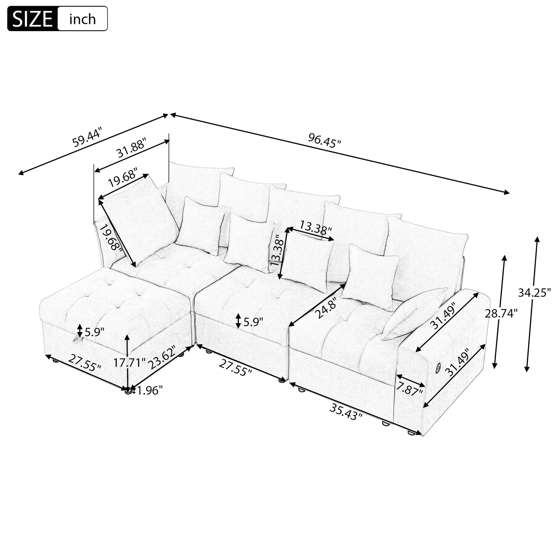 96.45"Sectional Sofa Modular Sofa Couch With Three Usb Ports, A Removable Storage Ottoman And Five Back Pillows For Living Room, Beige Beige Foam Chenille 4 Seat